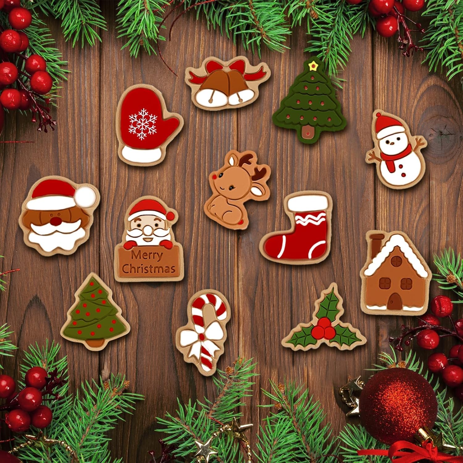 24 Pieces Christmas Cookie Stamps Gingerbread Cookie Cutters Xmas Embossing Santa Claus Elk Snowman Shapes 3D Plastic Cookie Molds for Baking Holiday Party Supplies