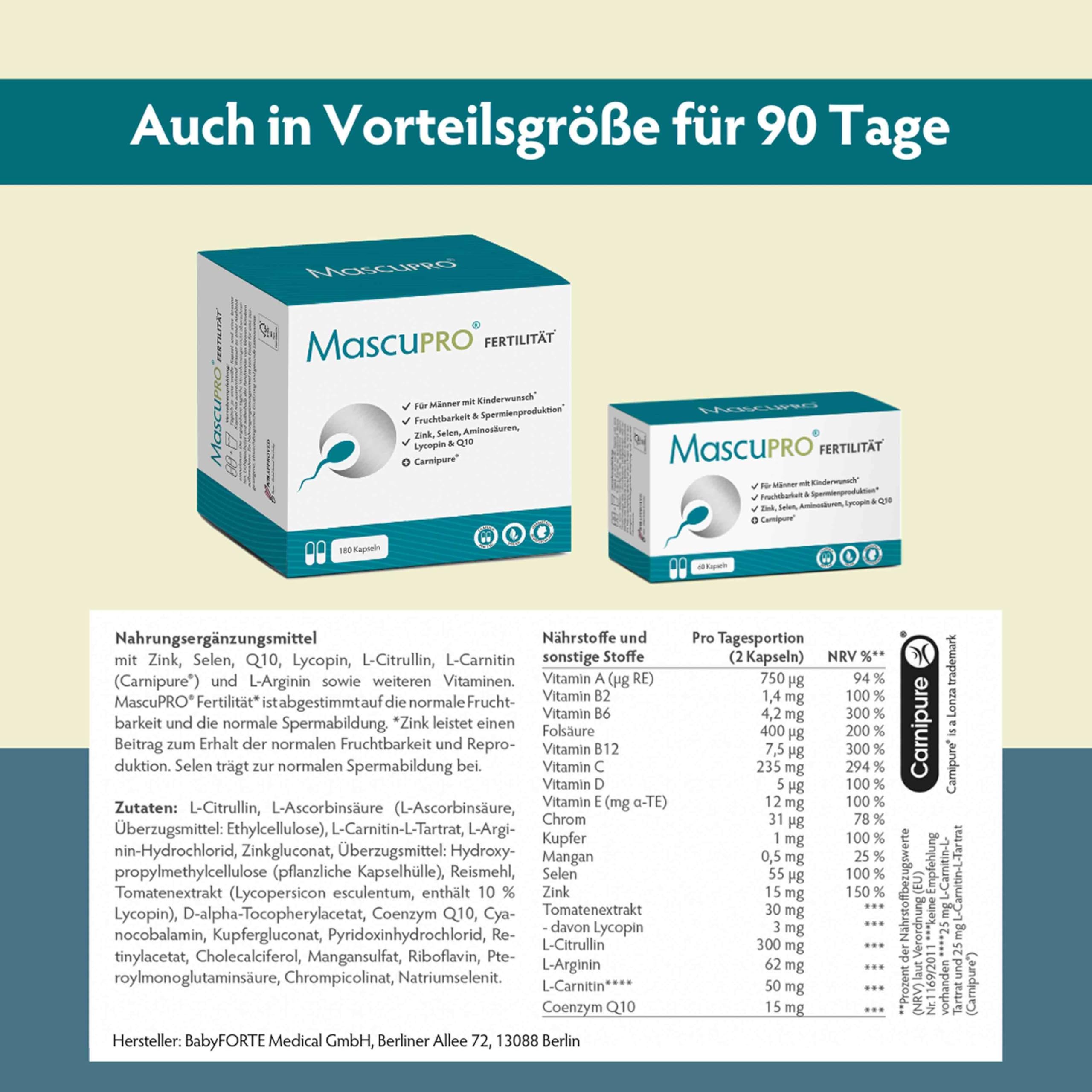 MascuPRO Fertilität | 18 Inhaltsstoffe | Fruchtbarkeit + Spermien | 60 vegane Kapseln | Zink, Selen, L-Carnitin, L- Arginin | Kinderwunsch Tabletten