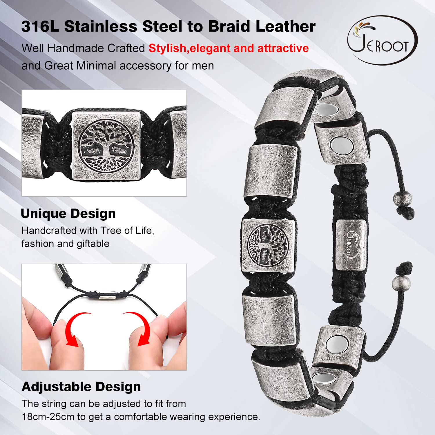 JEROOT Magnetarmband Herren, Titanstahl Magnet Armband Heilung Herren mit Ultra-Stärke von 3500 Gauss-Magneten, Baum Lebensbaum Weltenbaum Schmuck Armbänder (23-30CM)
