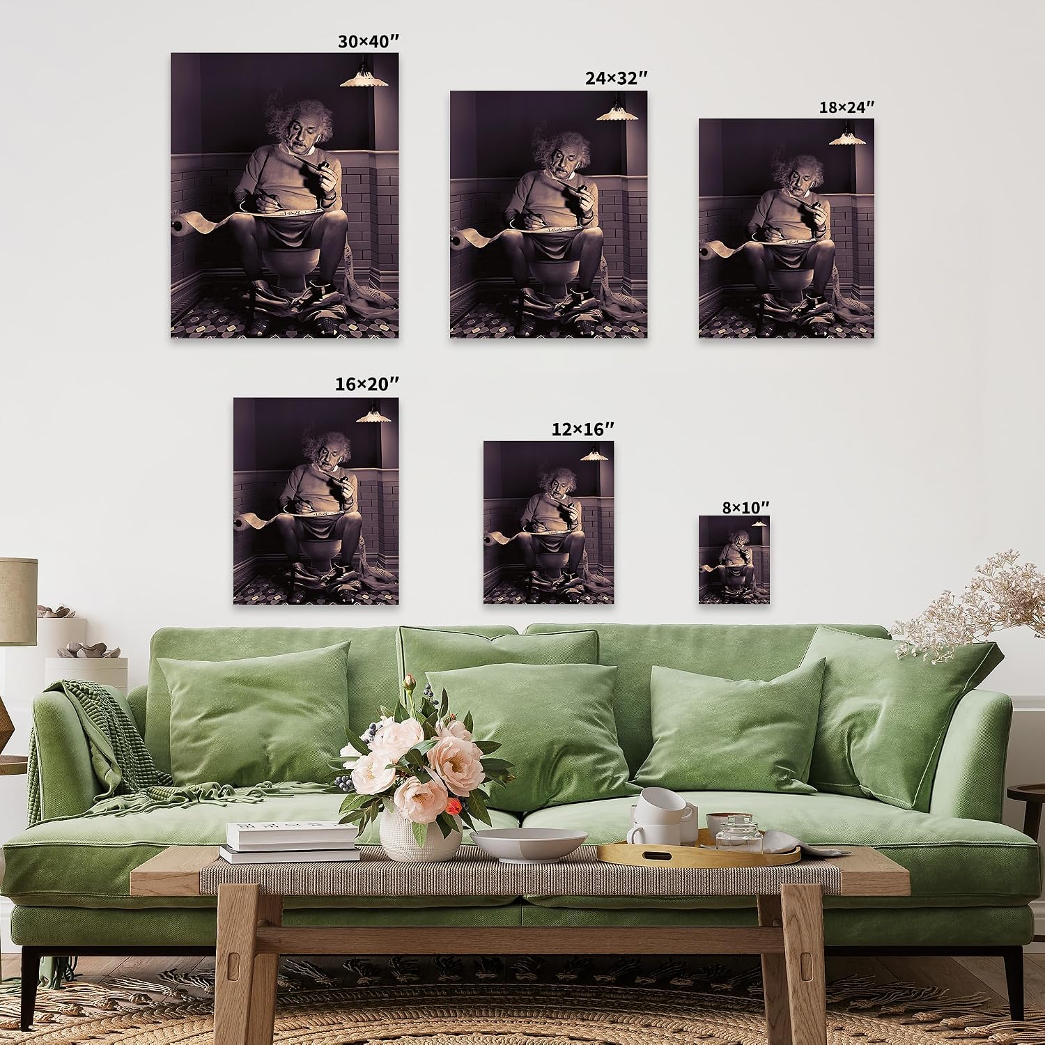 Poster Master Einstein Sitting On Toilet Canvas - Reading Newspaper Print - Scientist Art - Funny Bathroom Wall Design - Humorous Powder Room or Restroom Decor - 8x10 STRETCHED Canvas