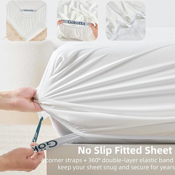 Bamboo Sheets King by Gökotta, FSC® Certified Bamboo Rayon Sheets King Size, 16 Inch Pocket Fitted Sheet with Elastic Corner Straps, Breathable Luxury and Soft King Sheets 4 Piece (Cream White, King) - 5