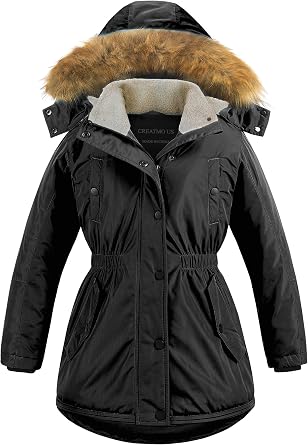 CREATMO US Girls Long Winter Warm Parka Sherpa Trimmed Collar Puffer Ski Jacket Coat