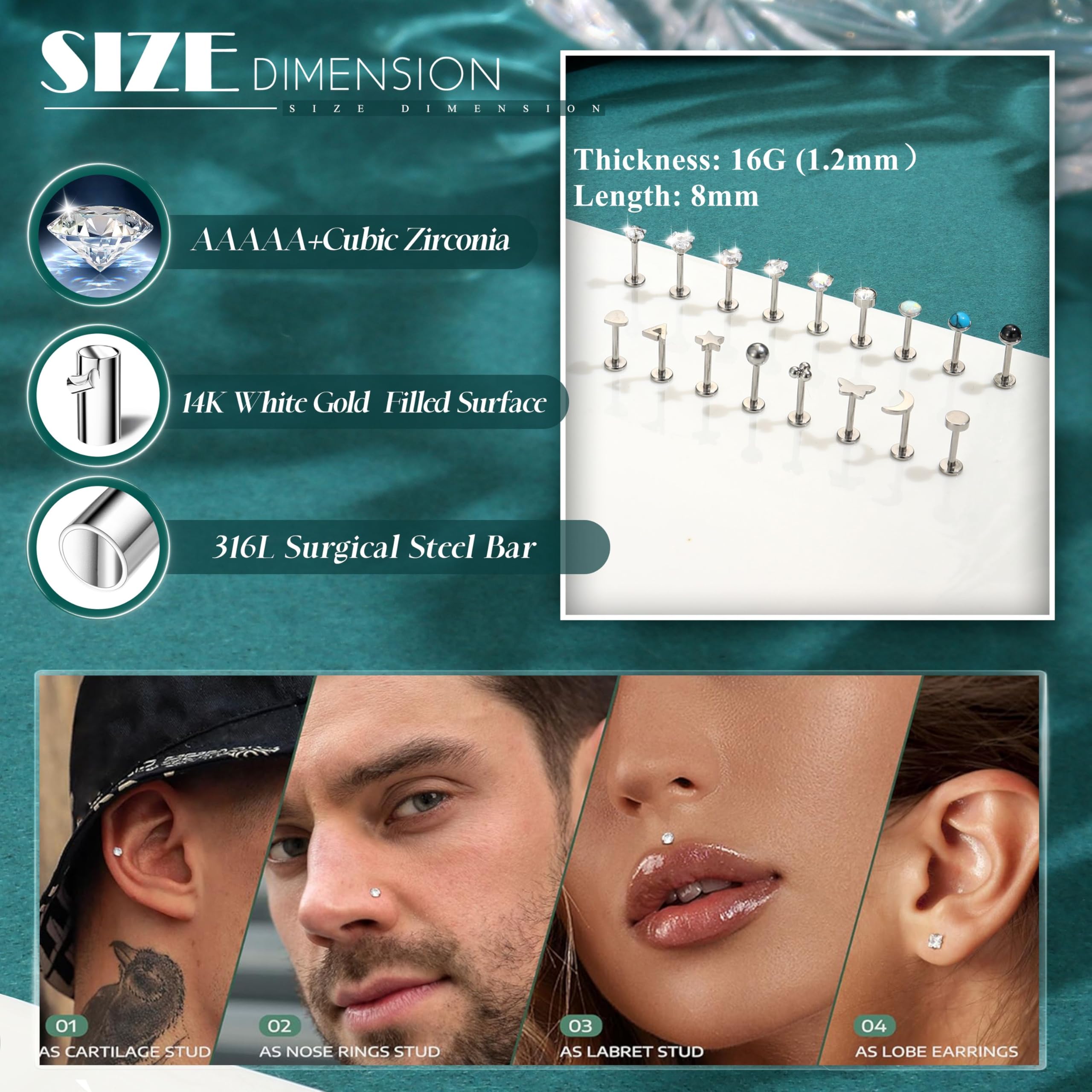 HHRFCS 16G Piercing Helix Biżuteria Gwintowany wkręt do nosa Labret Szpilki Kolczyk w nosie Kolczyki z płaskim tyłem Stal chirurgiczna Helix Hoop Muszla Daith Lip Piercing Tragus Srebrne Złoto