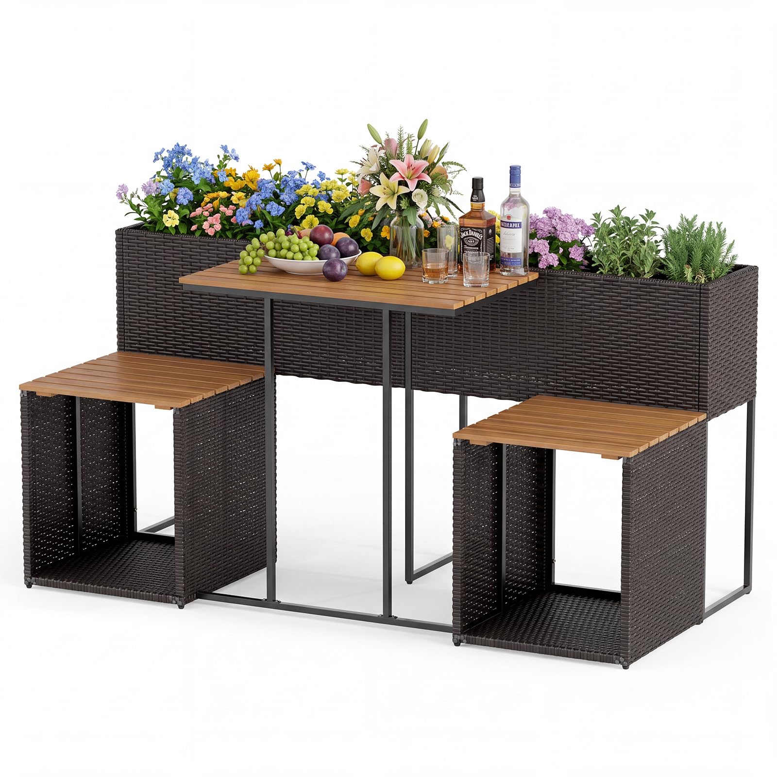 SOARS Salotto da Giardino Esterno con Tavolino, 2 Sedie, Fioriera (Marrone) | Set Mobili da Giardino in Rattan con Vano Portaoggetti e Fioriera Rialzata per Giardino, Balcone e Bordo Piscina
