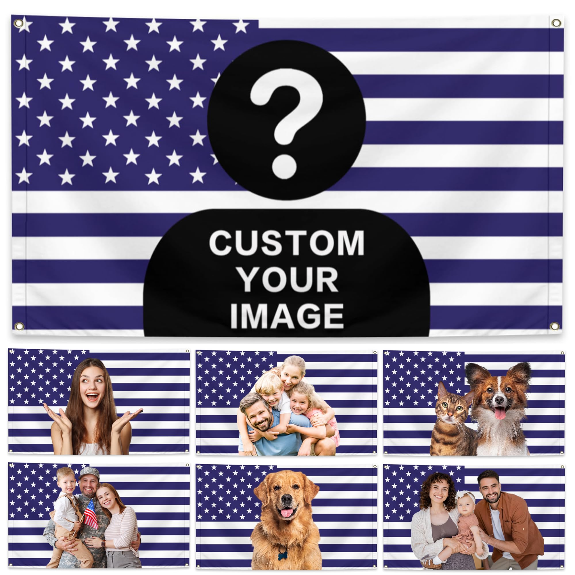 Personalized American Flag with Custom Photo Image Make Your Own Logo Picture Text Funny Costume Celebrity Customizable Dorm Blue USA Flags for Room