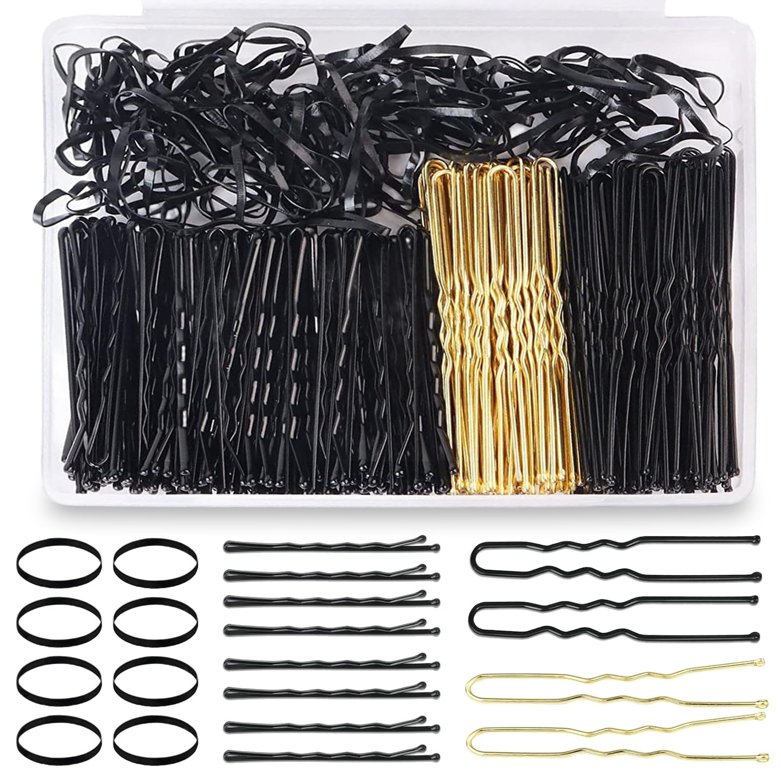 Aucuu 300 Pcs Bobby Pins Kit, Hair Pins for Women Hair Grips, 100 Middle Waved Hair Pins, 50 Black U Shaped H-air P-ins