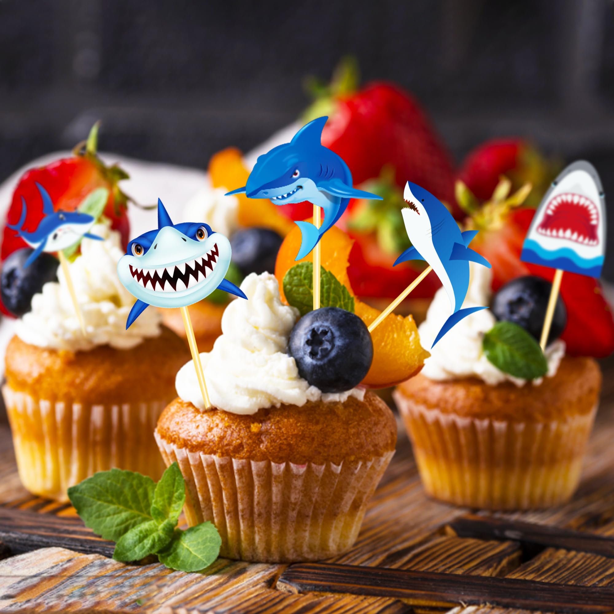 MGPFERD Cupcake-Topper Mit Hai-Motiv, 24-teiliges Set Für Ozean-Themen Geburtstagspartys – 4 Verschiedene Designs