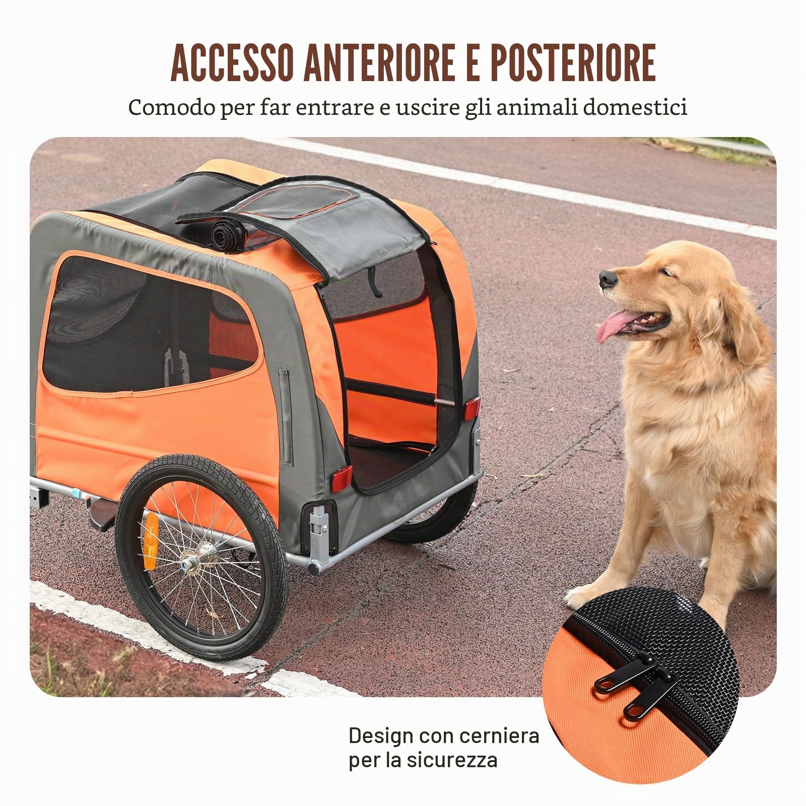 VEVOR Rimorchio Bici per Cani Pieghevole Portata max. 30 kg Passeggino per Animali Domestici con Ruote a Sgancio Rapido Telaio in Acciaio Carrello per Bici Traino Rimorchio Animali Arancione/Grigio