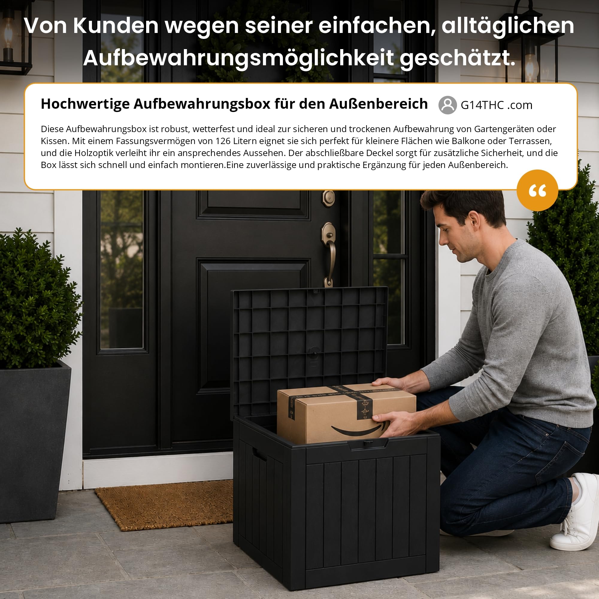 Olsen & Smith 118L Recycelte Abschließbare Aufbewahrungsbox mit Scharnierdeckel – Wetterfeste Kompakte Gartenbox & Hocker – Wasserdicht Kissenbox für Balkon, Terrasse & Eingang – Grau Holzoptik