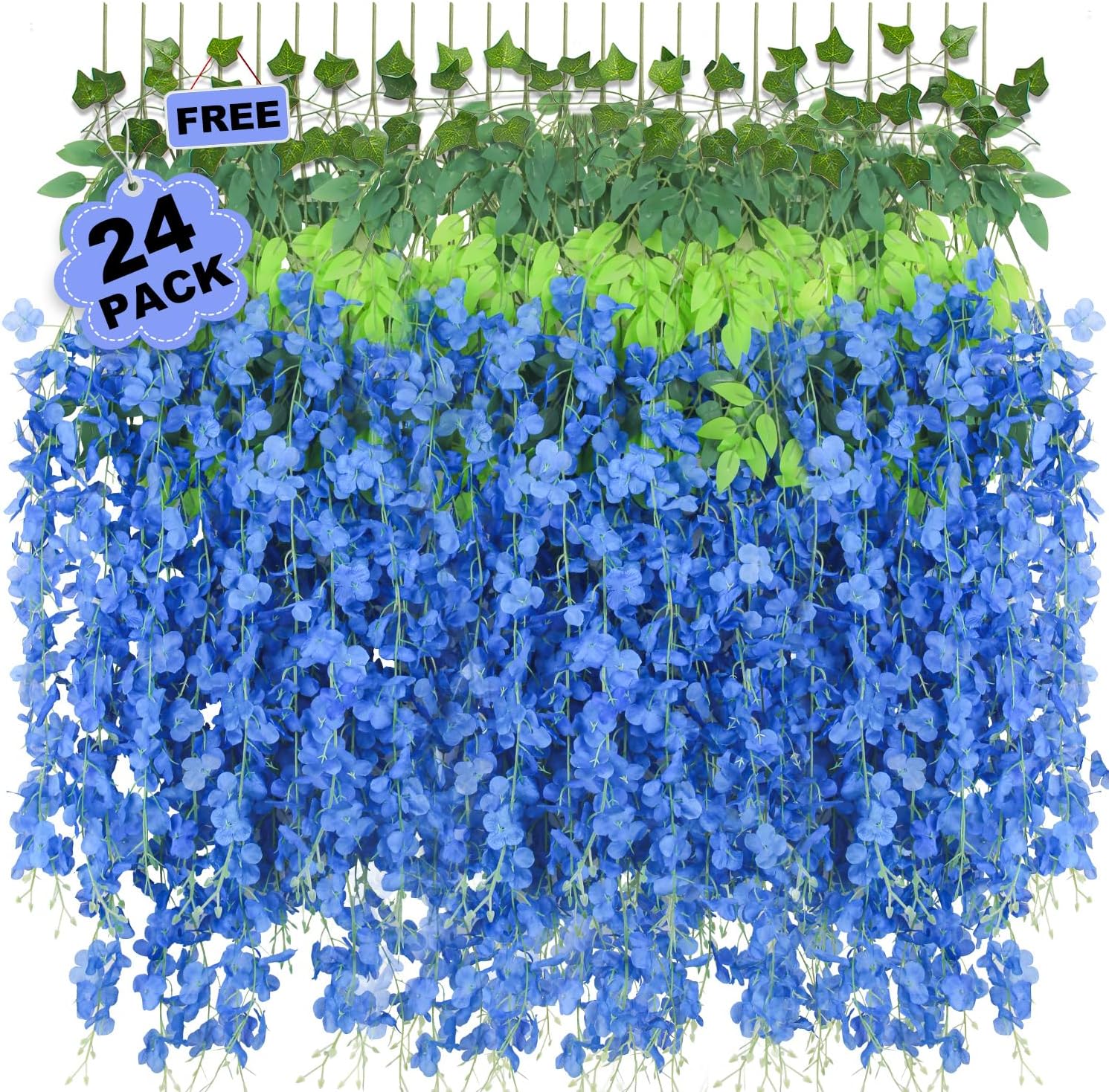 LELEE 25 Pcs Artificial Wisteria Hanging Flowers 3.6ft Royal Blue Fake Hanging Flowers Garland Silk Flowers Rattan String Faux Wisteria Vine for Wall Home Wedding Party Arch Greenery Backdrop Decor