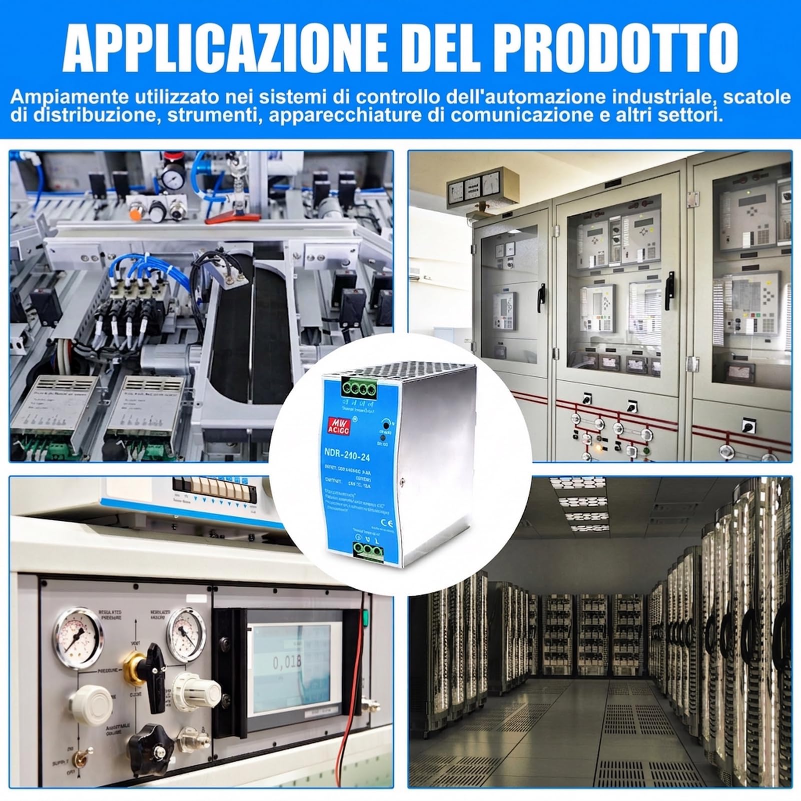 Alimentatore 24V 10A da guida DIN 240W Alimentatore switching da guida DIN Ingresso AC 100-220V 2,4A Uscita DC 24V 10A Funzioni di protezione multiple Modello industriale NDR-240W-24V.