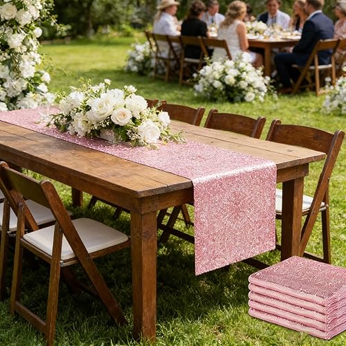 yuboo Camino de mesa de lentejuelas rosas de San Valentín, paquete de 6 manteles con purpurina de 12 x 72 pulgadas para mujeres y niñas, cumpleaños,