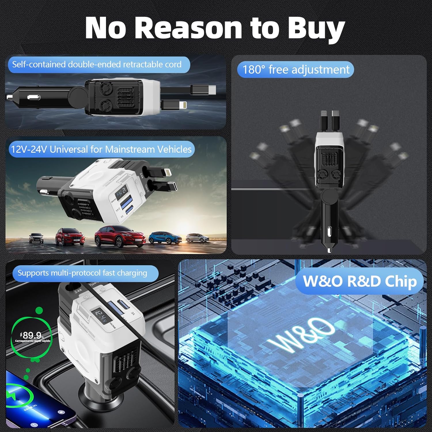 Retractable Car Charger, 66W 4-in-1 Fast Car Phone Charger with Retractable Cable (31.5 Inch) and USB Port for iPhone 16/15/14/13/12/11, Galaxy, Pixel