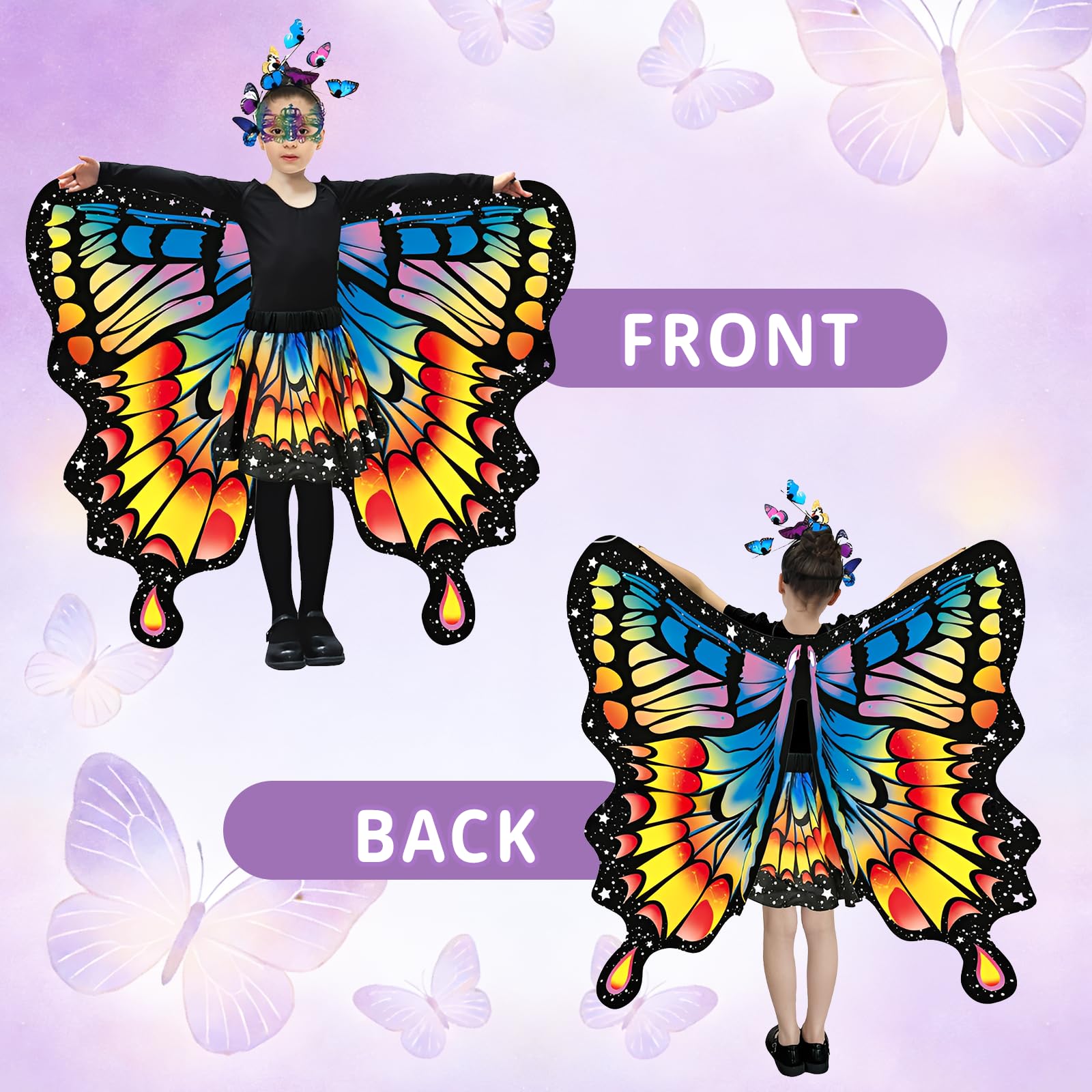 Deguisement Papillon pour Fille Déguisement Ailes de Papillon pour Enfant Deguisement Fille Cape Double pour Halloween Carnaval Cosplay Mascarade