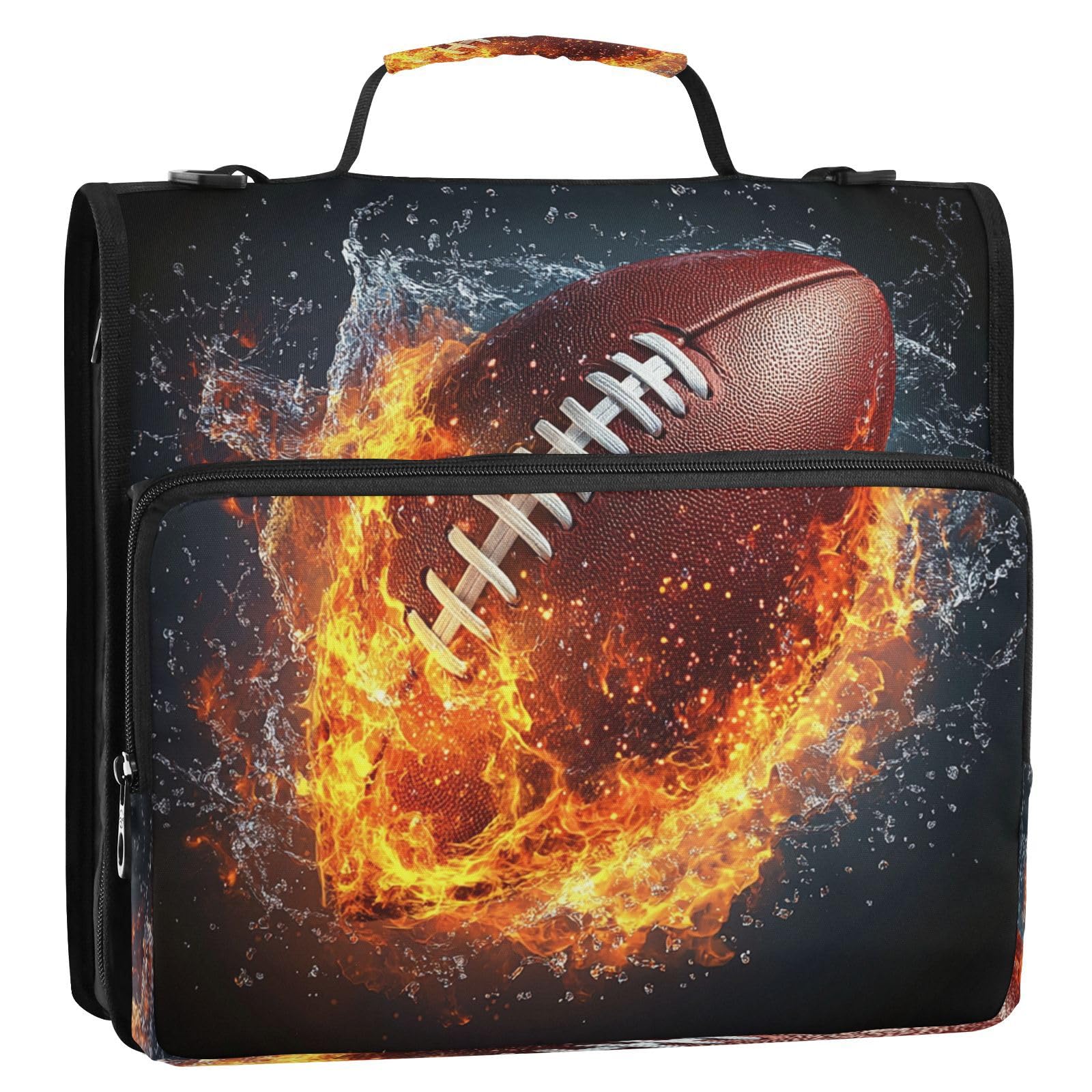 Boccsty Soccer Football Fire Water Zipper Binder 3 Ring Binders Expanding File Folder Multi-Pocket Zipper Binder Organizer for School Shoulder Strap