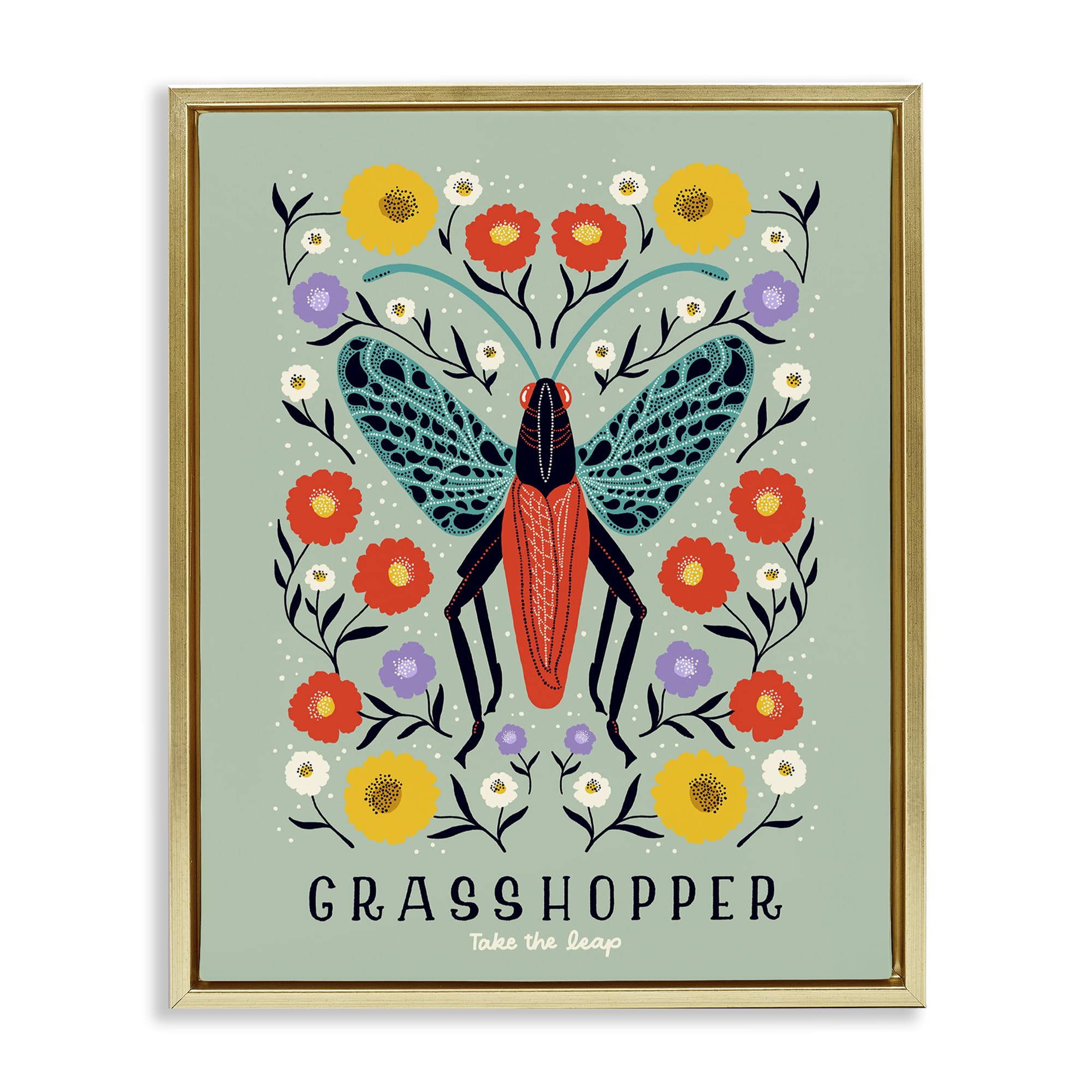 Stupell Industries Metallic Gold (Matte) 'Symmetrical Grasshopper With Blooms'| Floating Frame Canvas Art