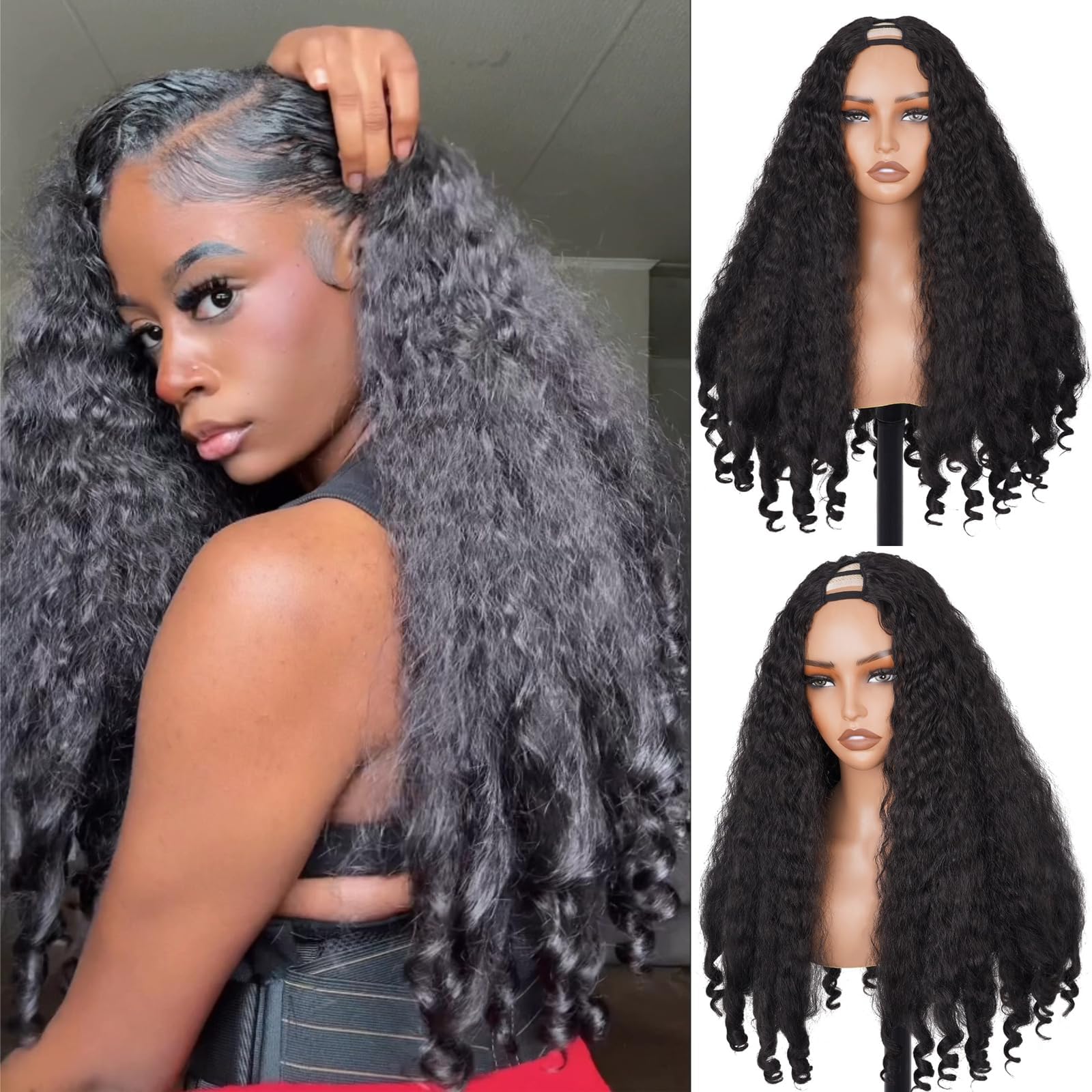 Afro V Part Wig Curly Wigs for Black Women, 180% Density Kinky Curly Half Wig Wear and Go Glueless Wig with Unique Bouncy Curls in the End, Synthetic 4C Hair Style (#1B Black, 24 Inch)