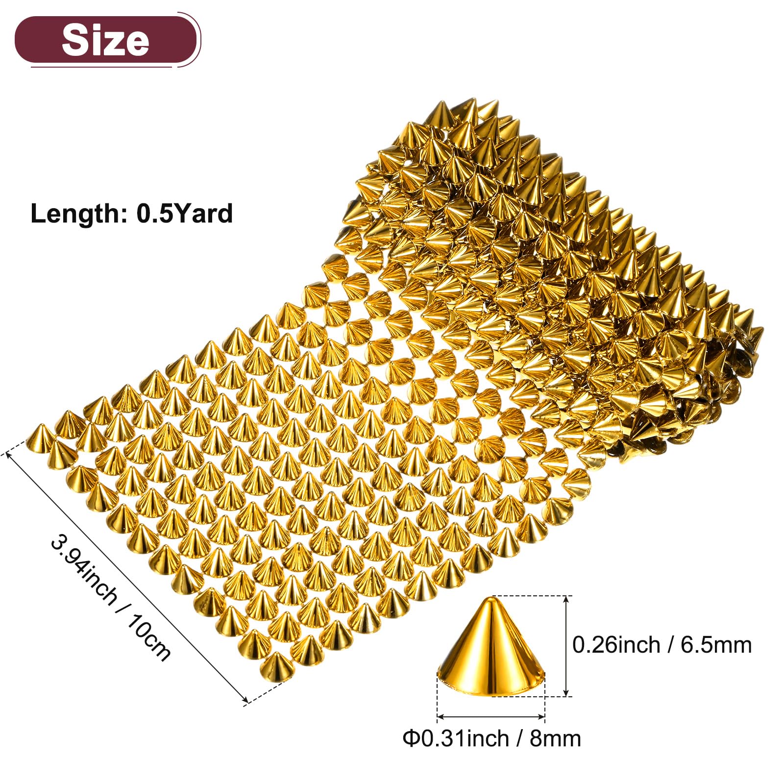 M METERXITY 0.5 Yard Sew Stitch on Spikes Stud Cone 12Rows Plastic Gold Spike Rivet with Flat Back Punk Rock Trim Mesh Bead for DIY Crafts/Clothes/Shoes/Bags - Image 3