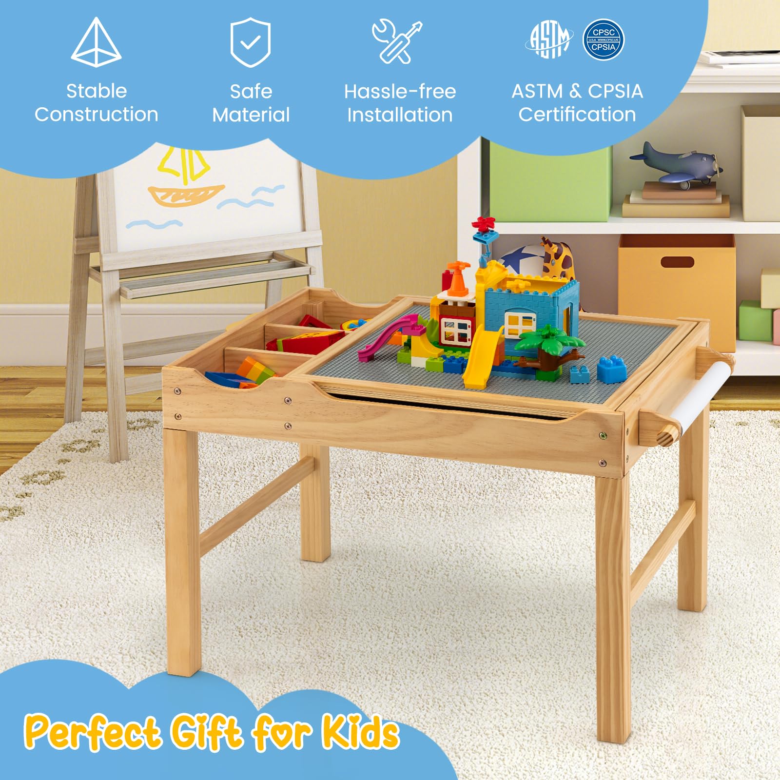GOPLUS Table d'activités 2 en 1 avec plateau réversible, table de construction pour enfants de 3 ans et plus avec espace de rangement classé, table de jeu en bois avec barre latérale, 86,5 x 60 x 57