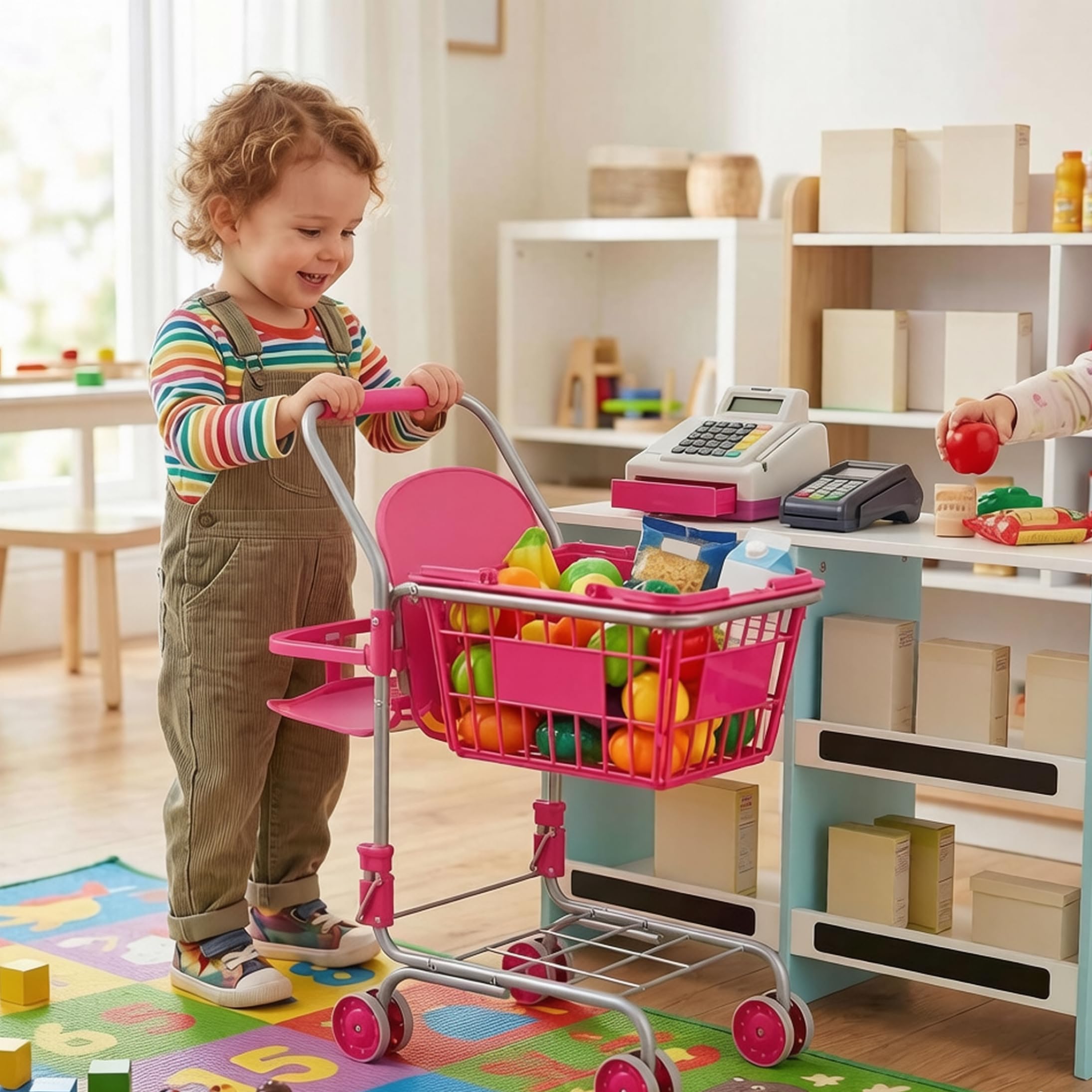 Carrello della Spesa Giocattolo Carrello della Spesa Pieghevole per Bambini con Cestino Rimovibile e Ruote girevoli a 360°