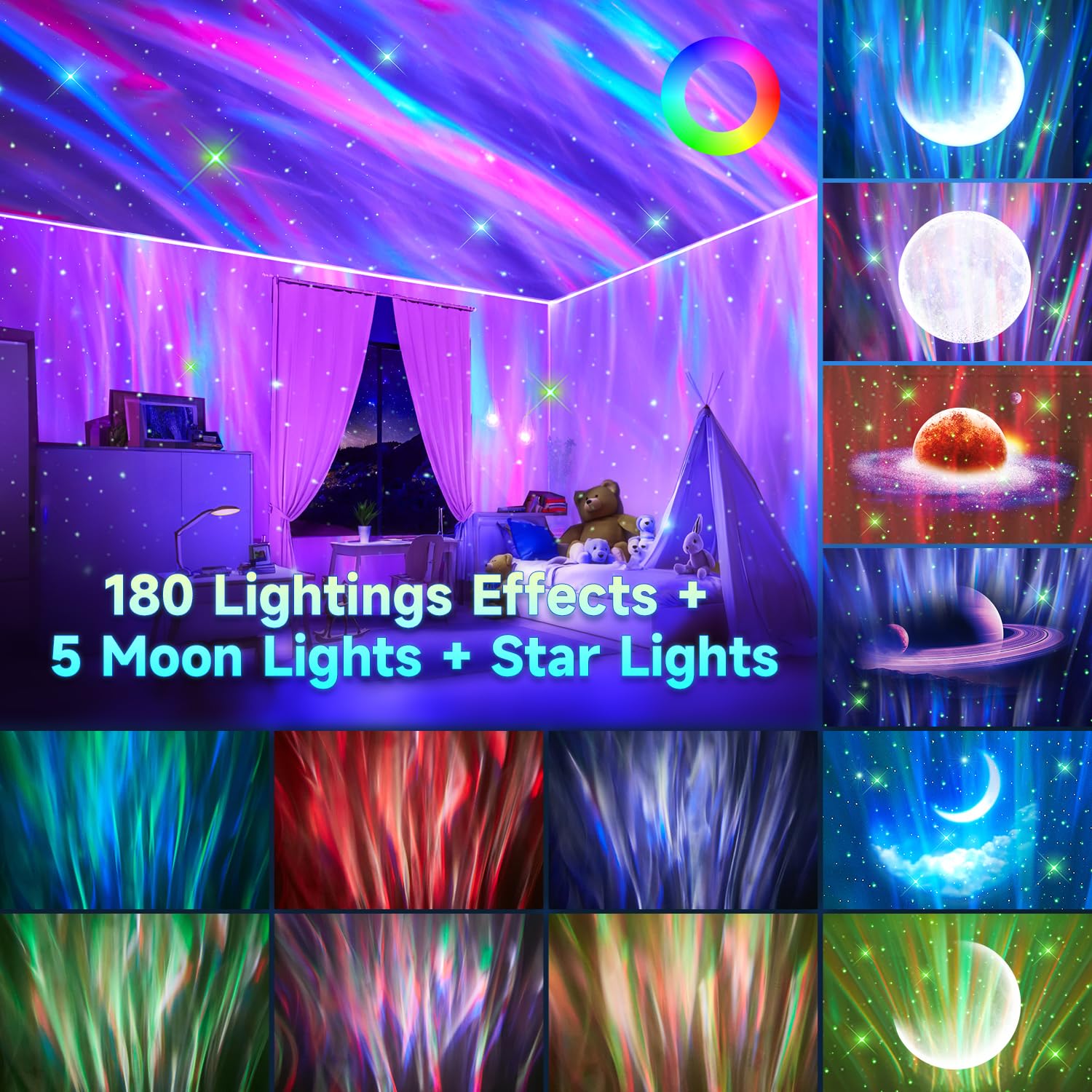 Projektor gwiaździstego nieba COOLNIGHT dla dzieci, 180 trybów świetlnych, 5 filmów księżyca, lampa Aurora Galaxy, 15 białych dźwięków nocnego nieba, projektor 5.3 HiFi Bluetooth, lampa polarnej