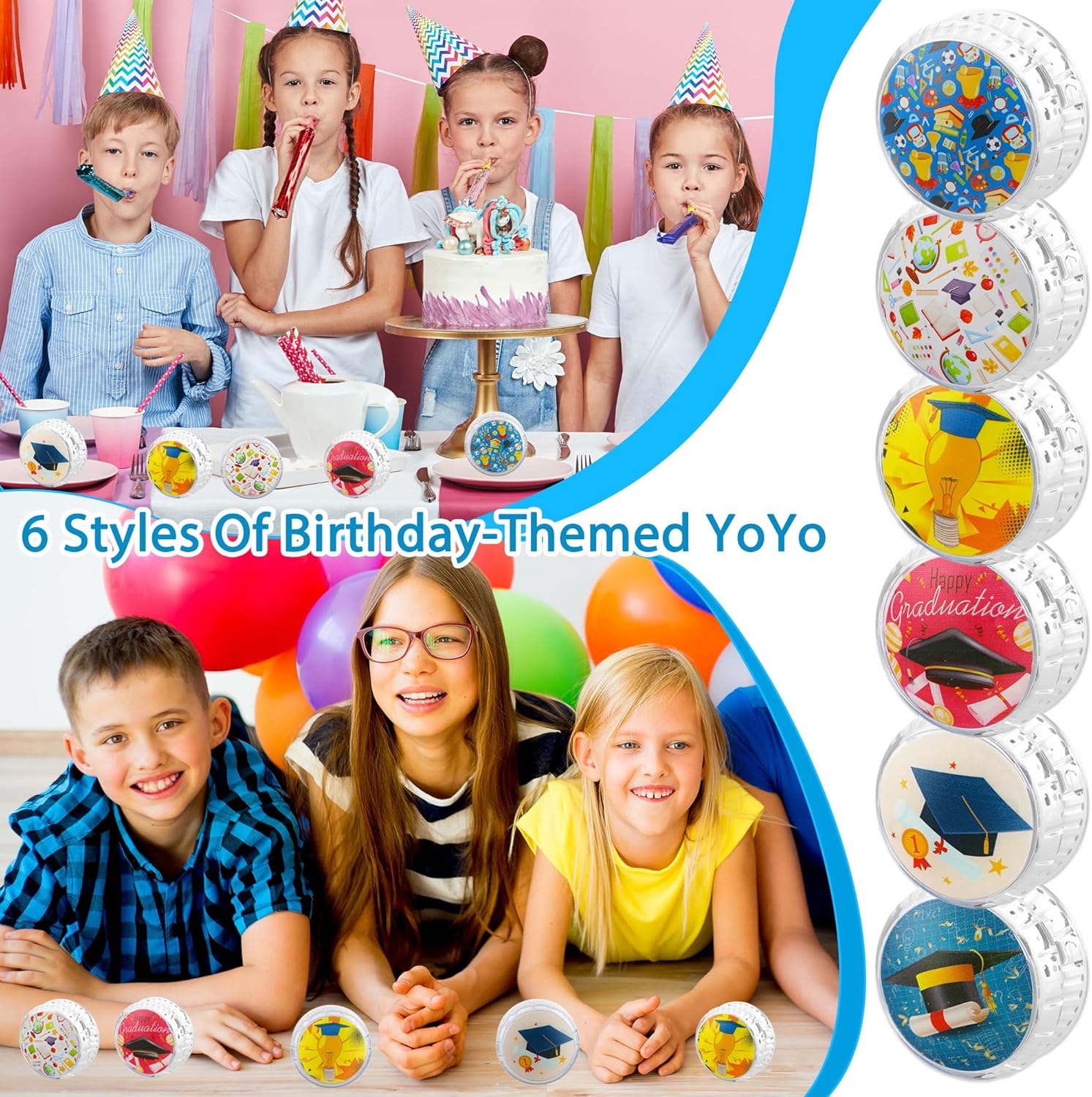 24 Pcs Graduation Light up Yo Yo Ball Bulk Caps Certificates LED Responsive Ball Auto Return Bearing Balls Yoyo for Graduation Party Favor Gifts, 6 Styles
