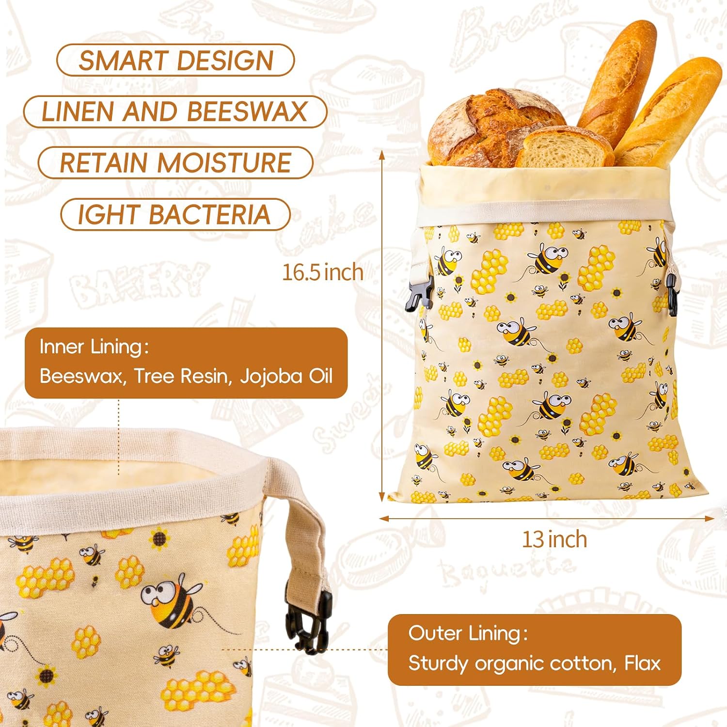 Beeswax Bread Bag for Homemade Bread and Sourdough, Reusable Linen image 3