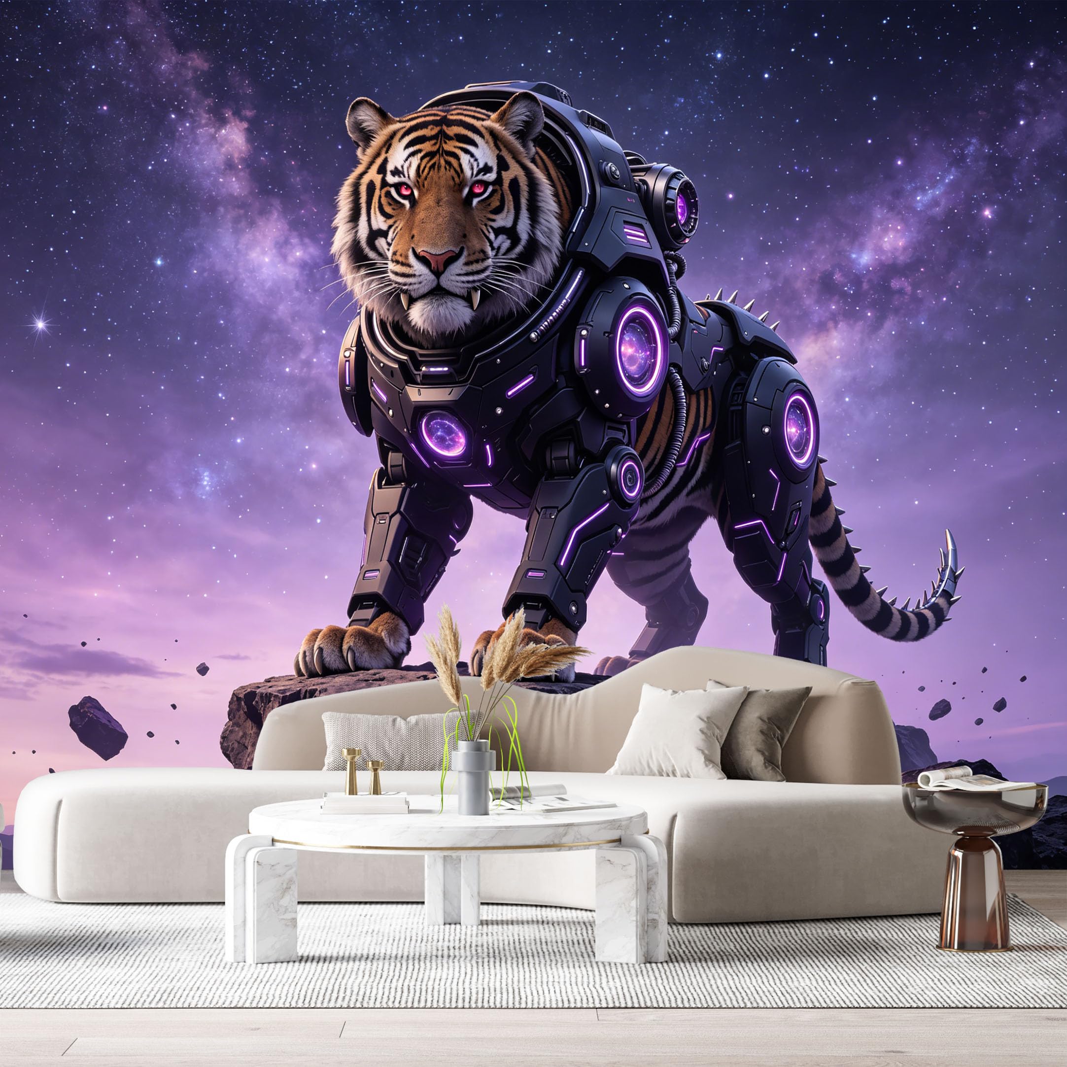 Custom Size Wall Mural Cyber Mech Tiger SciFi Armor Futuristic Robot Beast Neon Purple Space Style SelfAdhesive Art Prints Removable Large Wallpaper Esports Room Game Room Tenant Room Studio