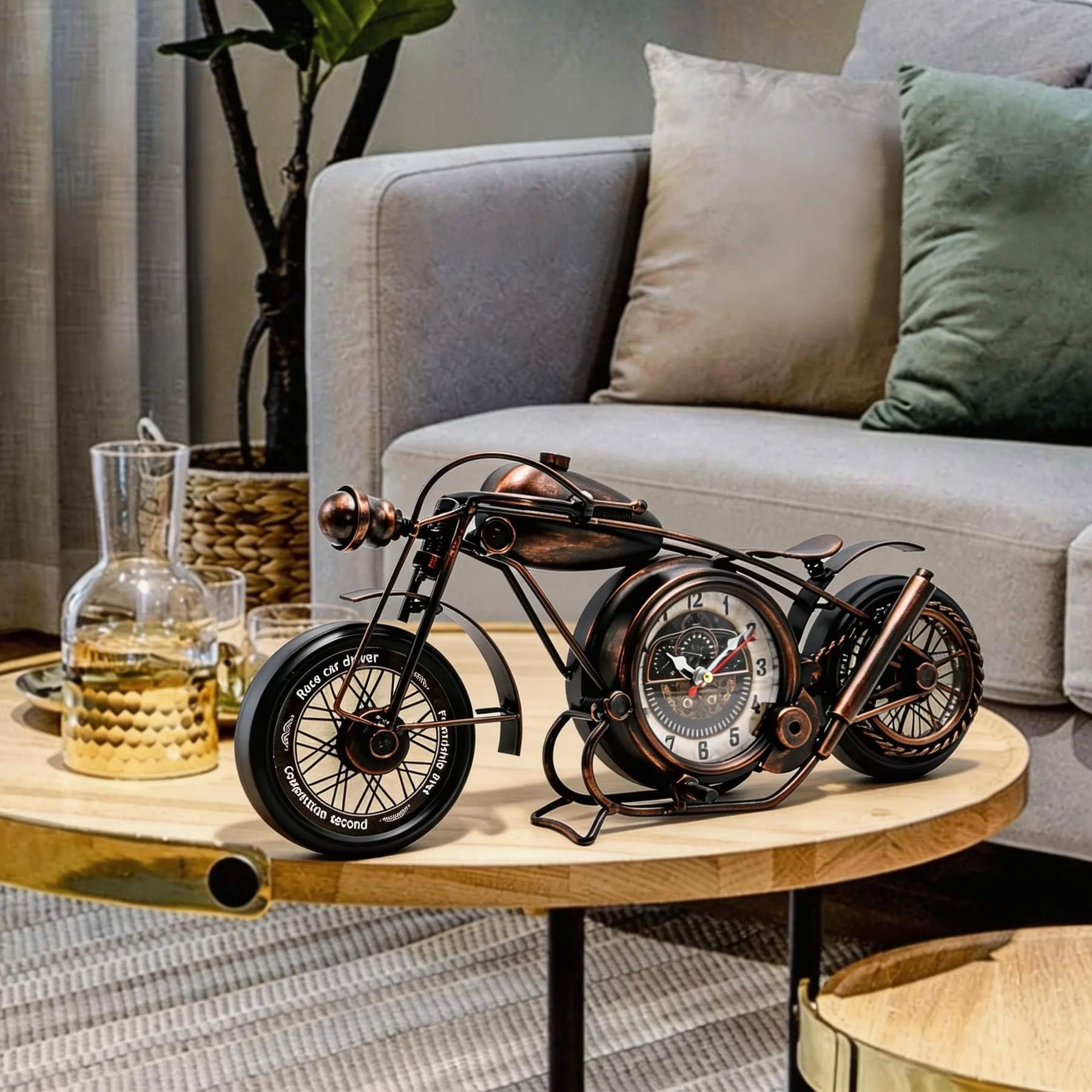 YOUKI Metalowy motocykl sztuka dekoracja ścienna zegar biurkowy nie tykający zasilany bateriami dom dekoracyjny pomysł na prezent, dekoracje ścienne do sypialni biura 43 x 4,5 x 19,5 cm, brąz