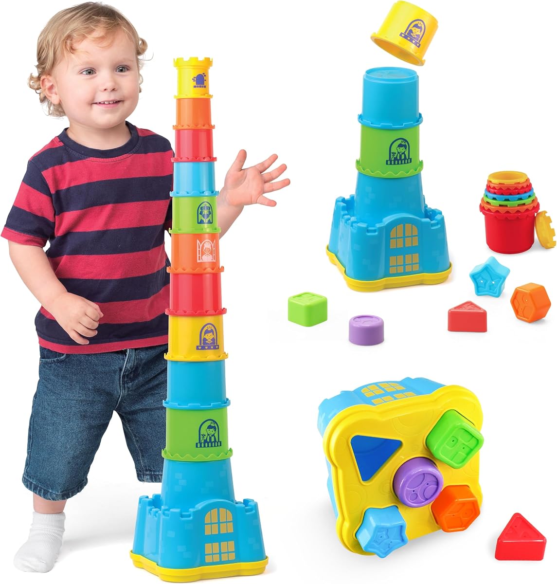 Castillo para bebés pequeños, vasos apilables para anidar, bloques de clasificación de formas infantiles, apilador de baño de arena apilado y nido, regalos de cumpleaños para bebés para 12 13 14 15 16 18 24 meses, 1 2 3 4 años