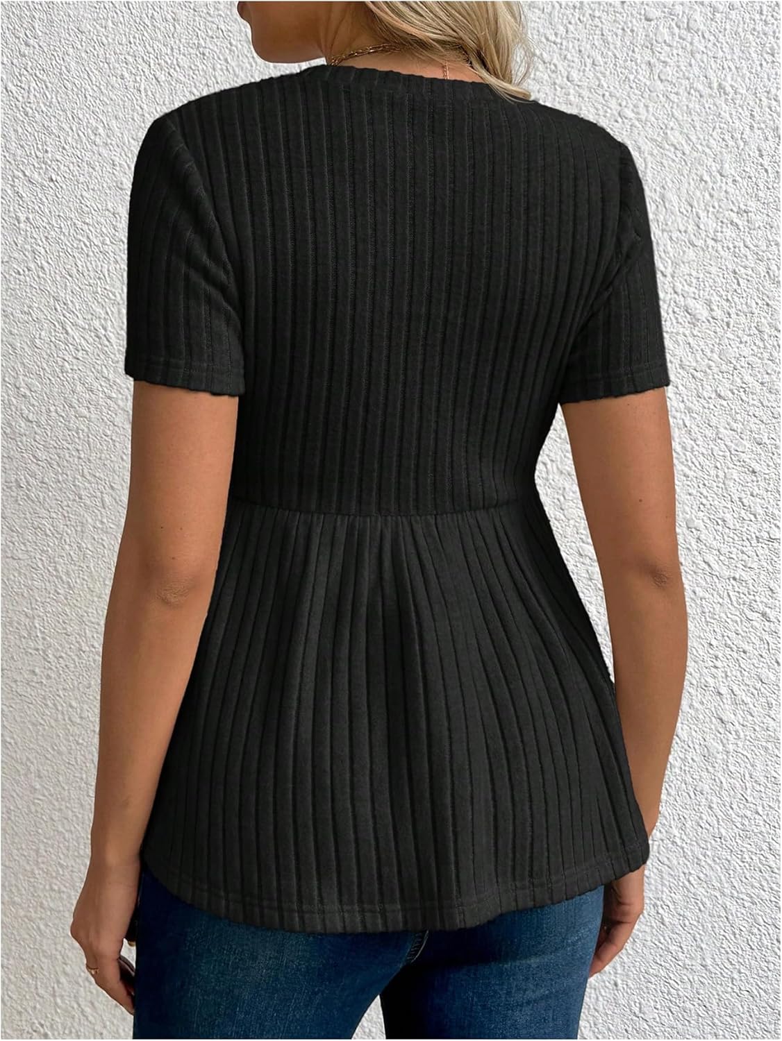 Women's Ruffle Hem Maternity T Shirt Short Sleeve Crewneck Ribbed Knit Peplum Tee Tops - Image 2