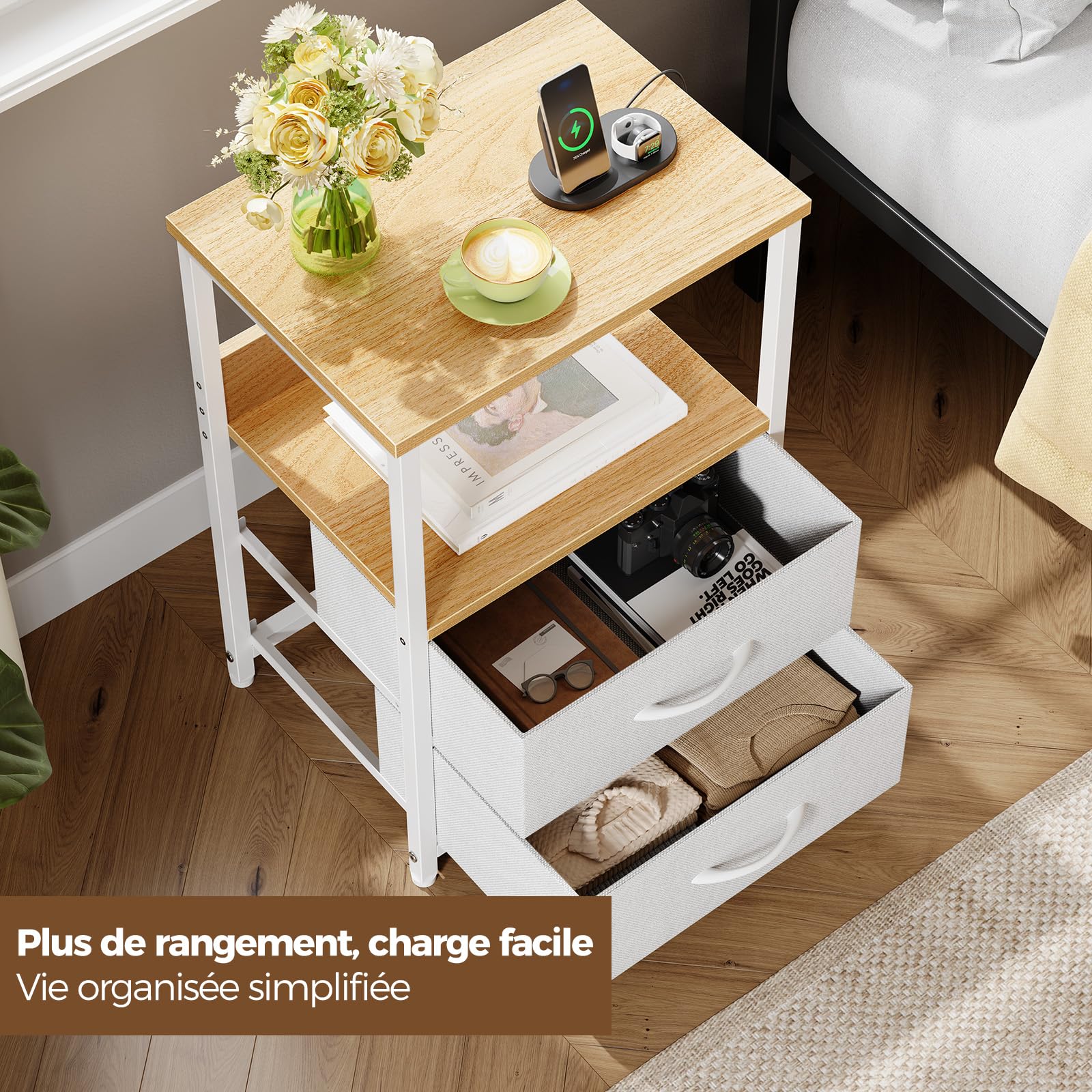 Seventable Table de Chevet avec Prise USB et 2 tiroirs - Table de Nuit connectée avec éclairage LED pour Chambre à Coucher, Salon ou canapé (Chêne Clair, Lot de 2)