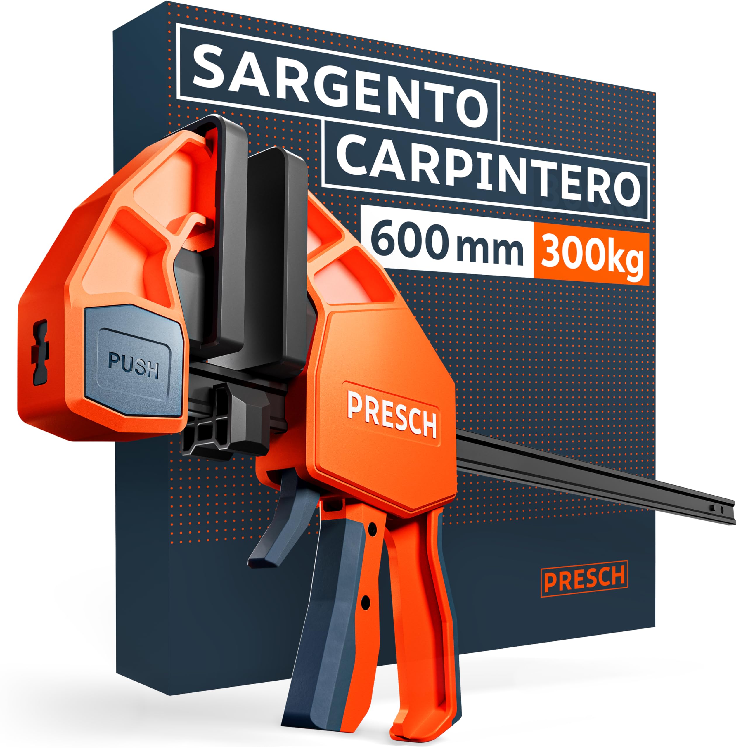 Presch Carpenter Sergeant 600 mm – Bar Clamp with 300 kg of clamping force – Robust thanks to carbon steel and fibreglass reinforced body – with expansion function