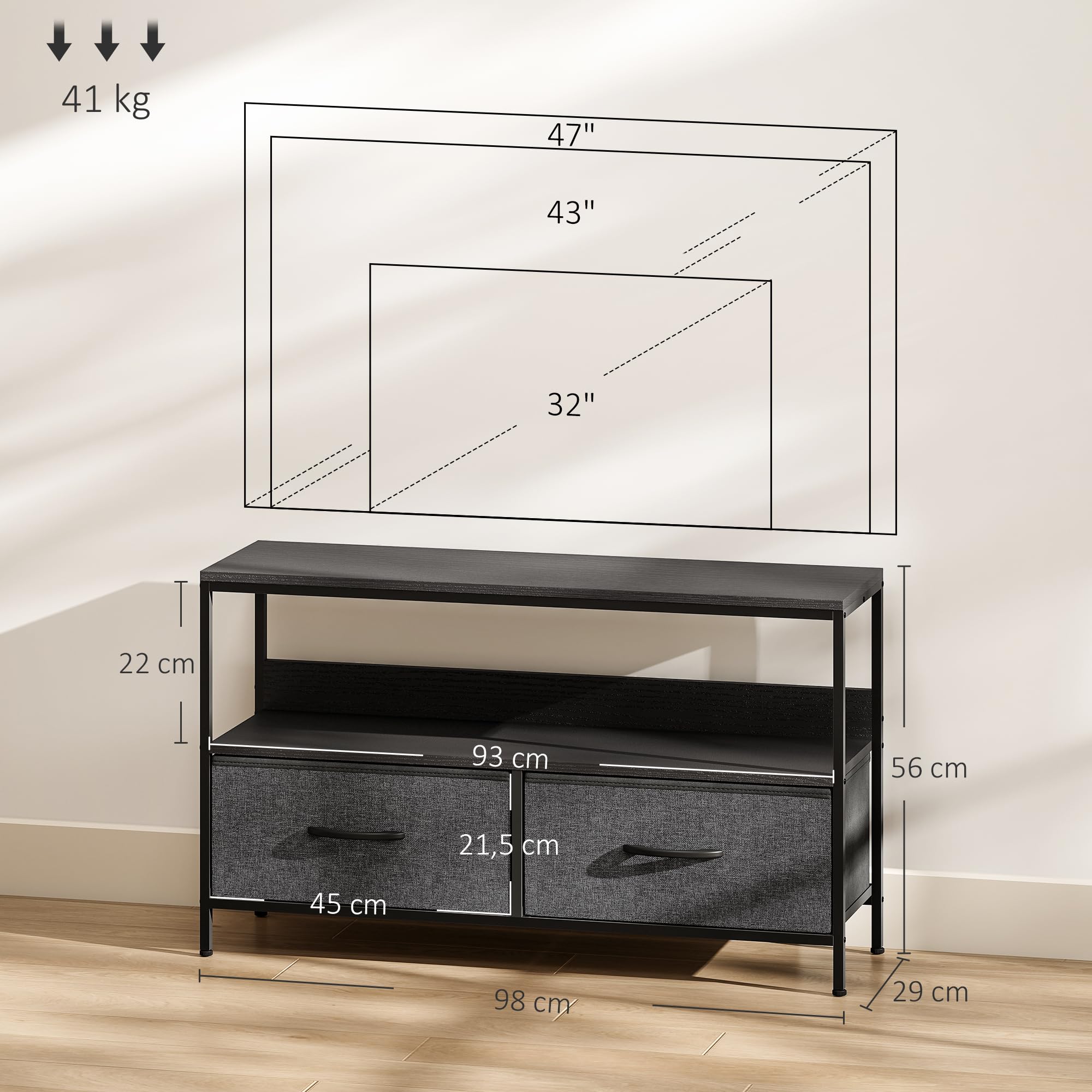 HOMCOM Meuble TV 98 cm pour Téléviseur 47 Pouces Gris Foncé