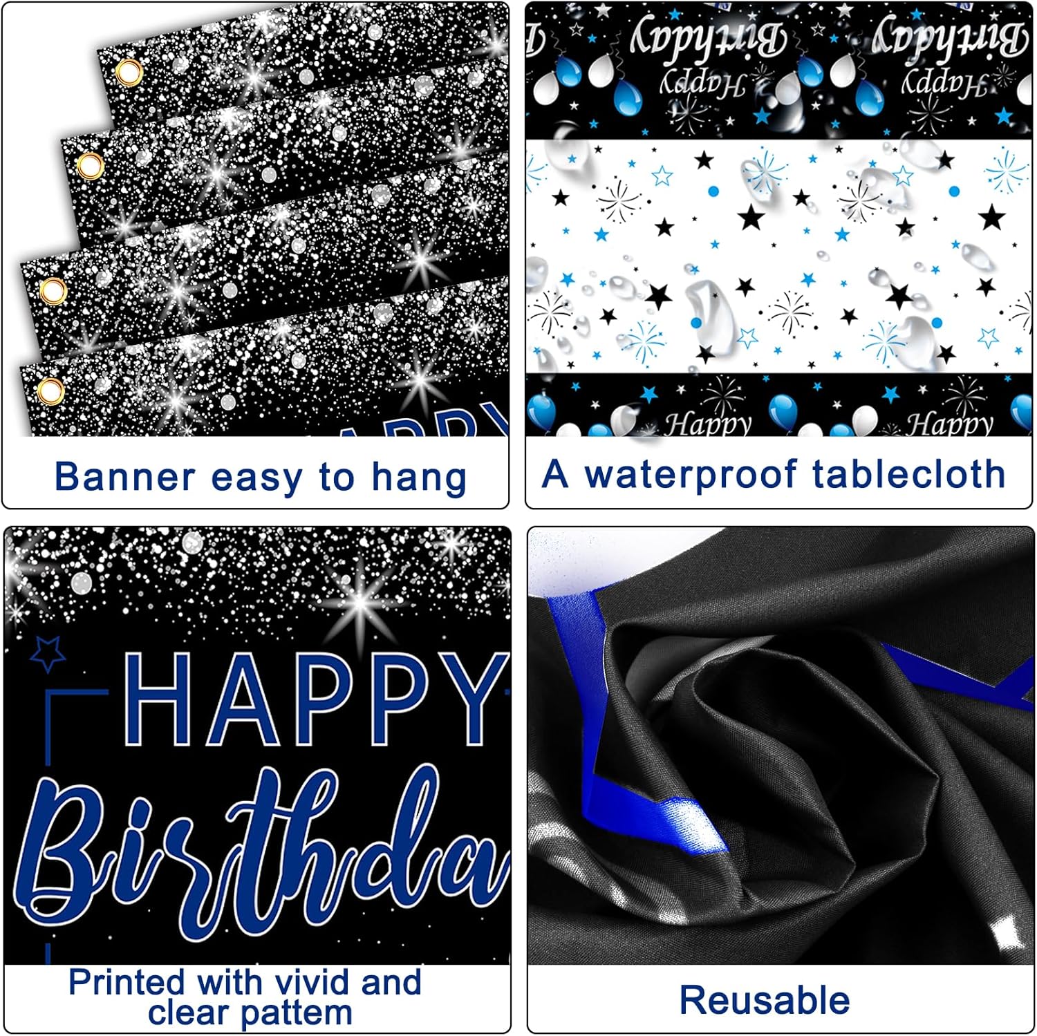Black and Blue Birthday Decorations, 37 PCS Blue Silver Party Decorations for Boys Men Women Girls, Balloon Supplies with Happy Birthday Backdrop Banner Tablecloth Confetti Balloons Arch - Image 3