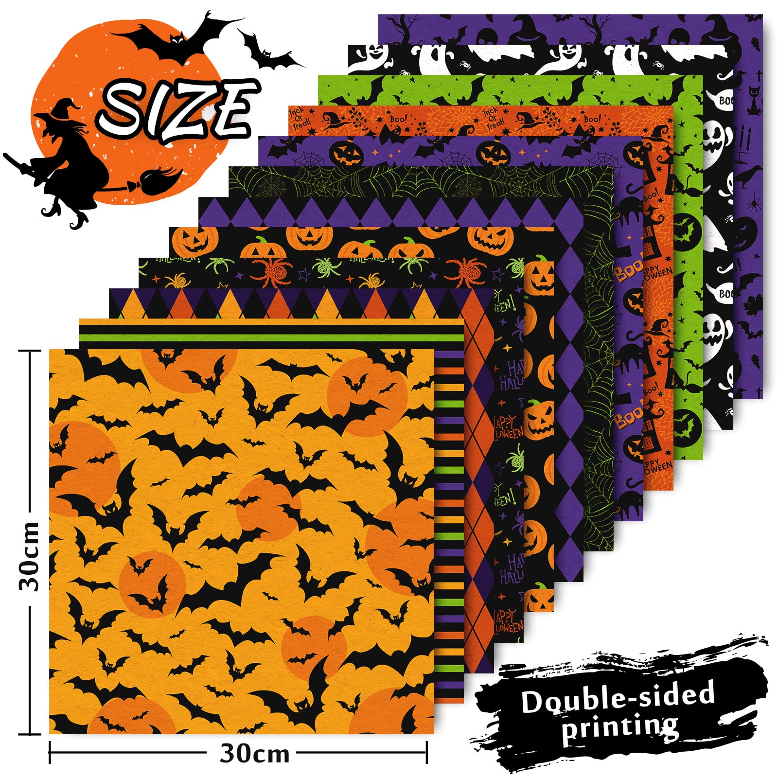 Whaline 24pcs Halloween Pattern Paper, 12 Designs, Double-Sided, 30x30cm, Multi-Colored, Premium Matte, Craft Paper, Decorative Paper, Square Shaped, Perfect for Crafts & Scrapbook