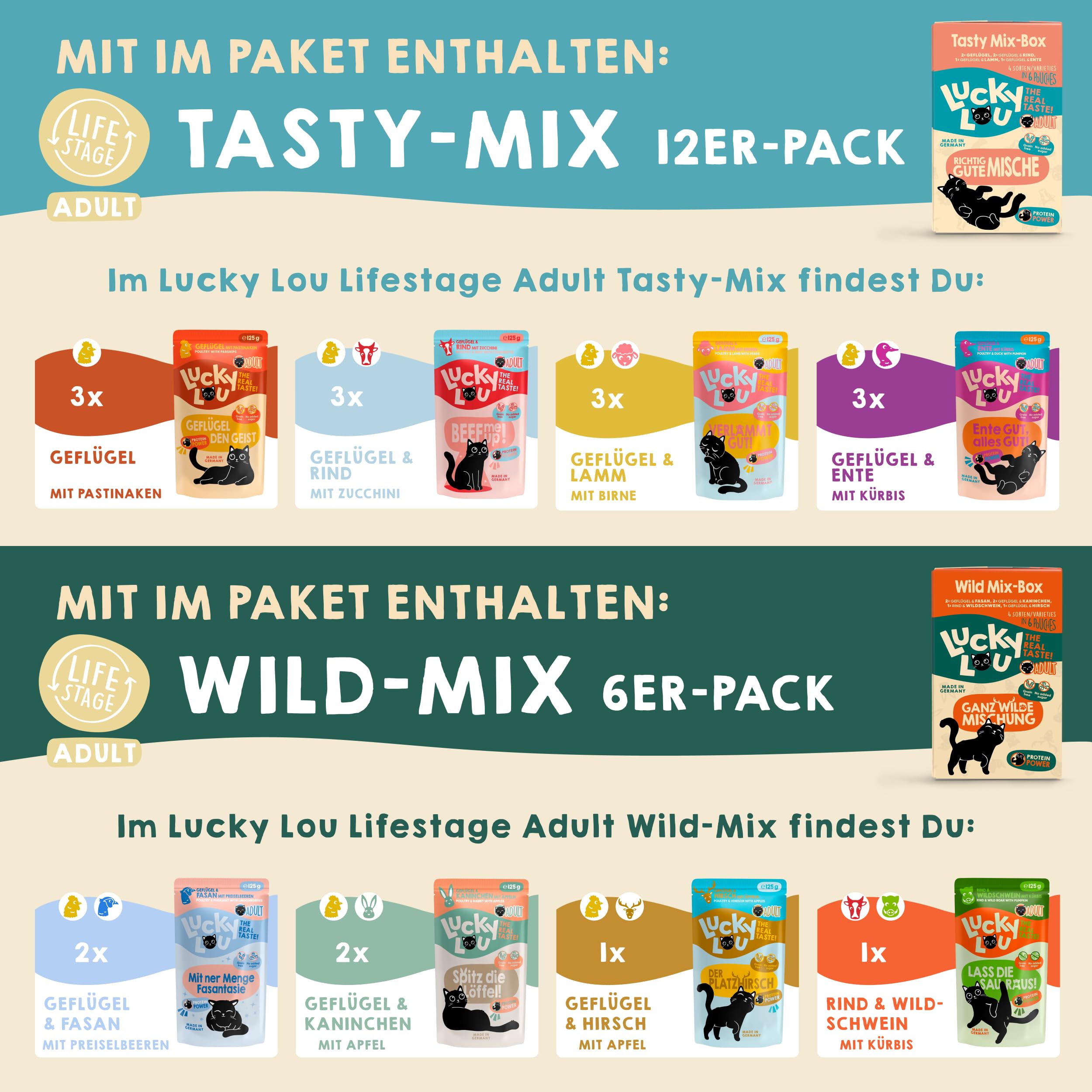Lucky Lou Probier-Paket mit Katzenfutter nass und trocken & Katzen-Leckerlis in verschiedenen Sorten - Katzen-Leckerlie, Nassfutter & Trockenfutter ohne Getreide & Zucker im Mix