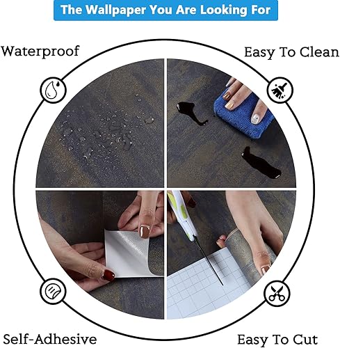 Miniatura 9 de CRE8TIVE Papel tapiz de hormigón gris dorado para despegar y pegar para salpicaduras de cocina, papel tapiz de cemento texturizado extraíble,