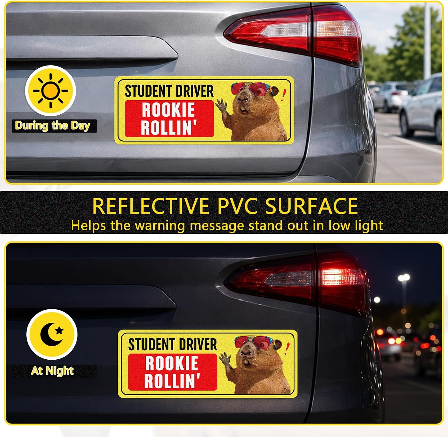 4Pcs Funny Capybara Student Driver Magnet for Car, Reflective New Driver Magnet, Reusable Movable Bumper Stickers, Rookie Rollin & I'm Unpredictable Magnetic Safety Signs for Teens Rookies image 4