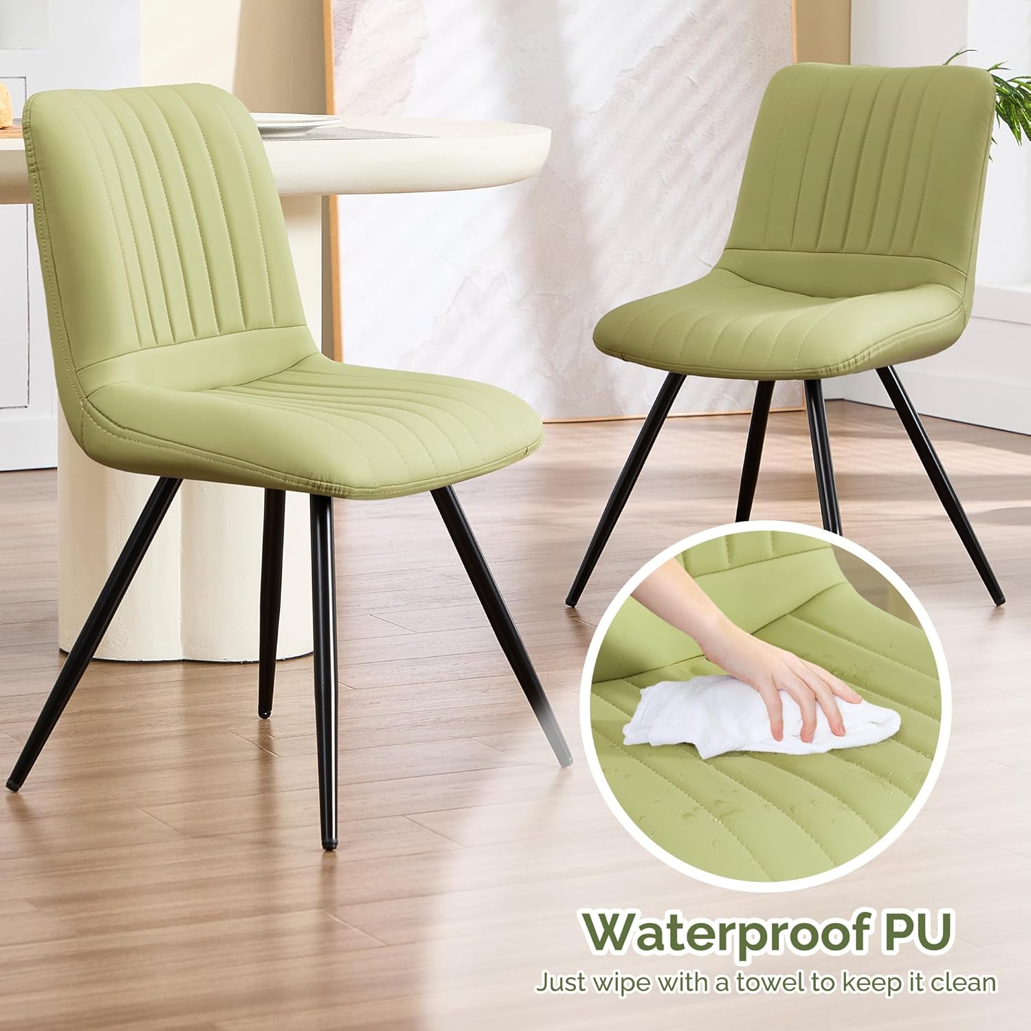 Dining Chairs Set of 4, Modern Dining Chairs with Thick Cushions, PU Leather Upholstered Kitchen Dining Room Chairs with Metal Legs for Dining Living Room (Green) 4 PCS Green