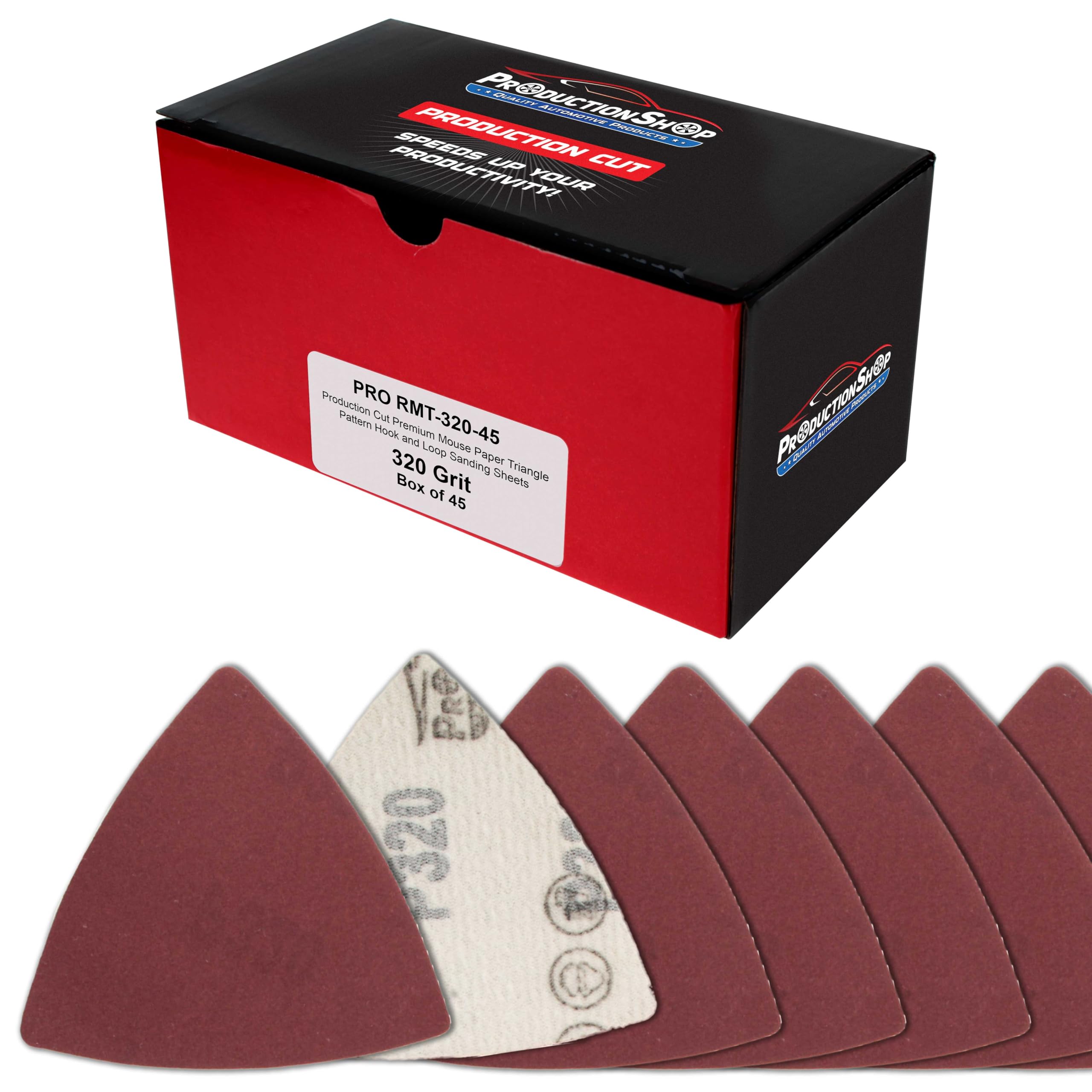 ProductionShop Premium 320 Grit Triangle Mouse Detail Sander Sandpaper Sheets, Box of 45 - Hook & Loop, Triangular Shaped Mouse Disc Pads -