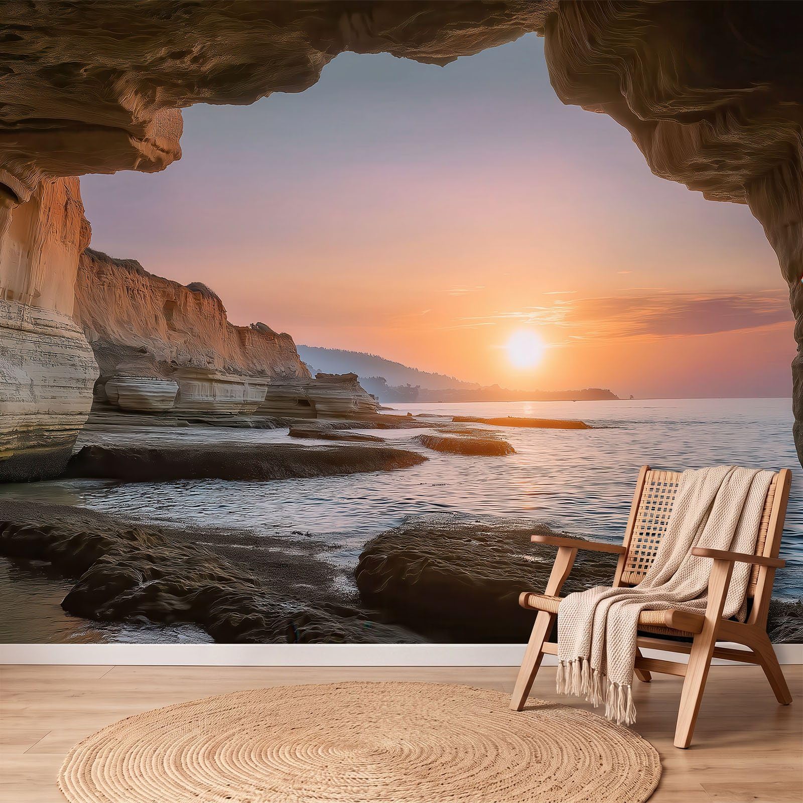 3D Fototapete 200 x 140 cm (B X H) Vlies Tapete Schlafzimmer Wohnzimmer Küstenstil Landschaft Vliestapete Wandtapete Fototapeten Bildtapete Wanddeko Kinderzimmer, Mereshöhle Klippe Sonnenuntergang