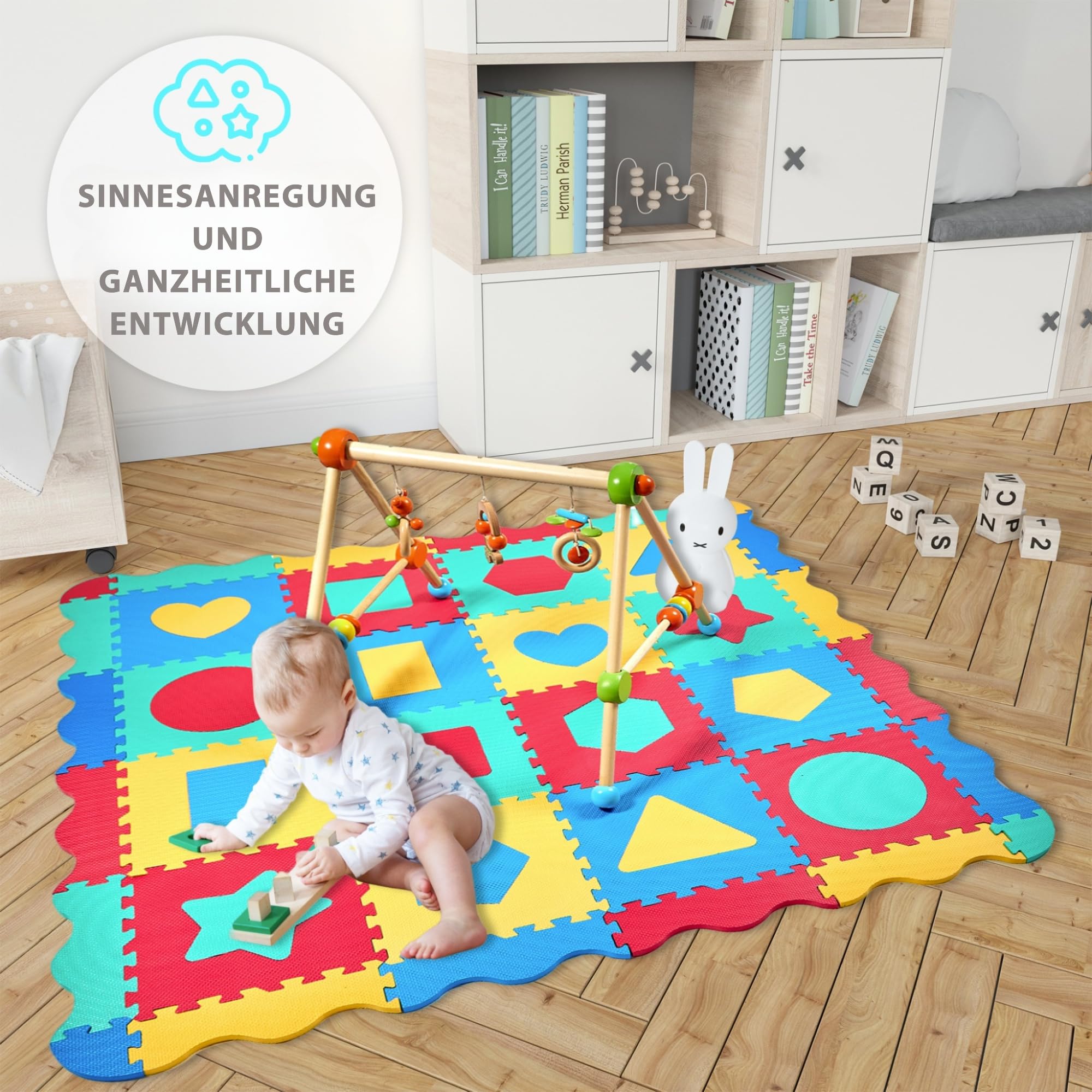 Puzzlematte Baby Eva-Schaumstoff 140x140 cm – Krabbelmatte 1,2 cm Dicke mit 36 Austauschbaren Teilen, Randstücken und Aufbewahrungstasche | Baby Spielmatte rutschfest