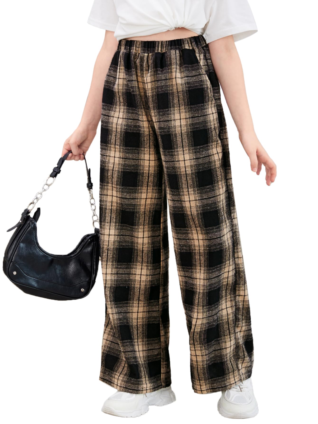 Floerns Girl's Plaid Print Drawstring Waist Loose Fit Straight Leg Pants