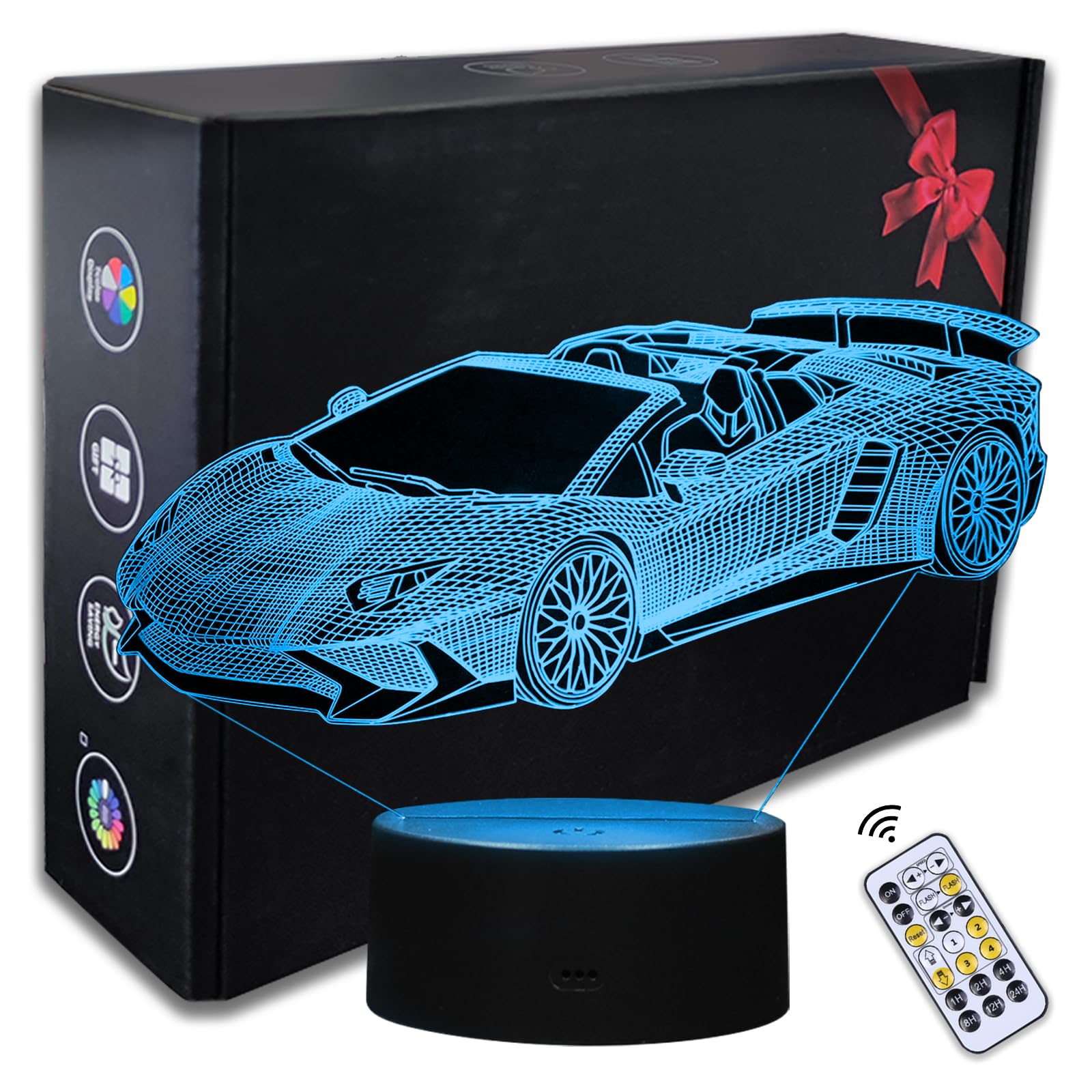 Racing Car Night Light, 3D LED Night Lamp for Boys - Racing Cars Themed Bedroom Lamps, Optical Illusion Lamp with Remote Control, Perfect for Kids' Room Décor, Cool Gifts for Car Lovers