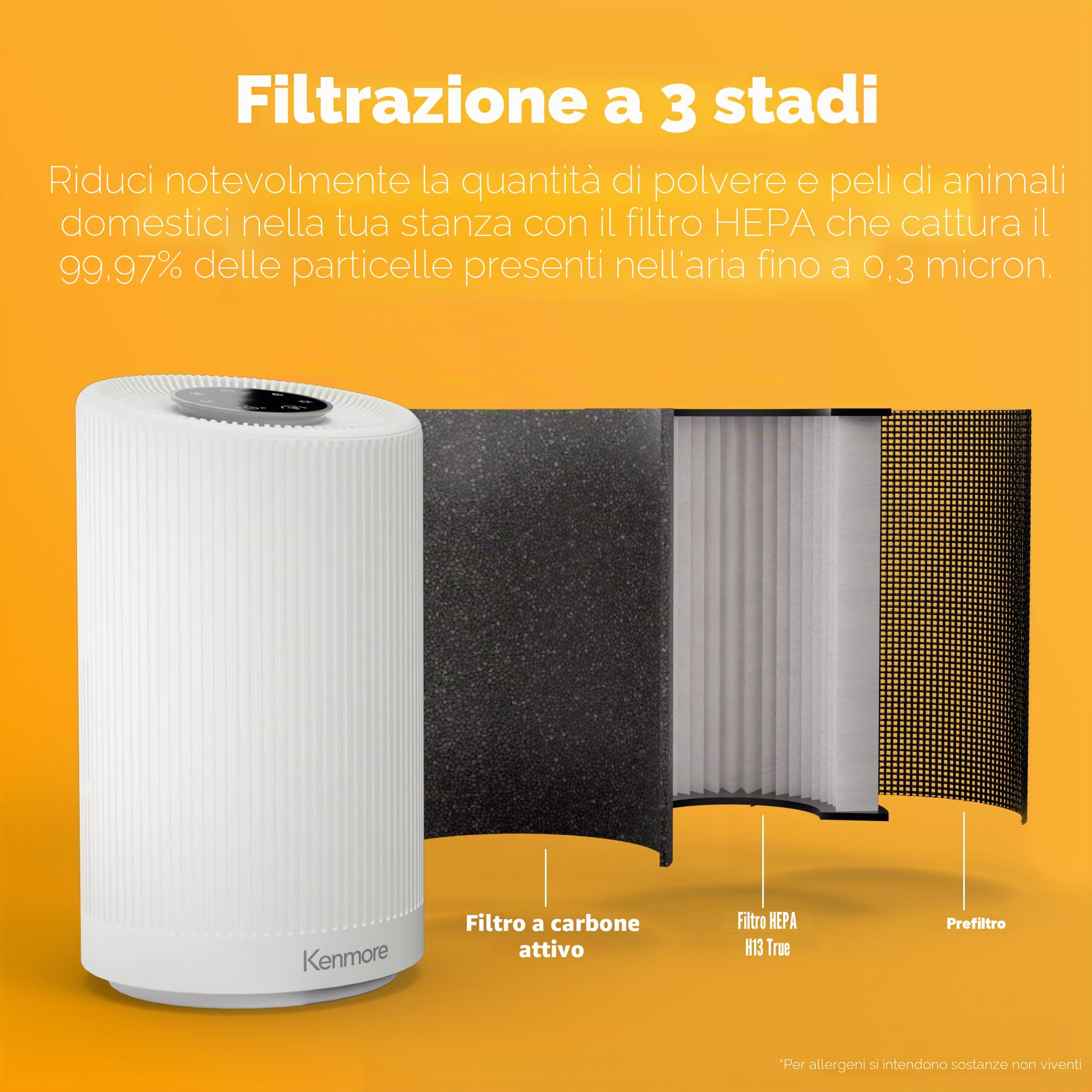 Kenmore Purificatore d'aria PM1005 con filtro HEPA H13, copre fino a 850 mq, sistema di filtrazione HEPA SilentClean a 3 stadi da 25 db, per ufficio e camera da letto
