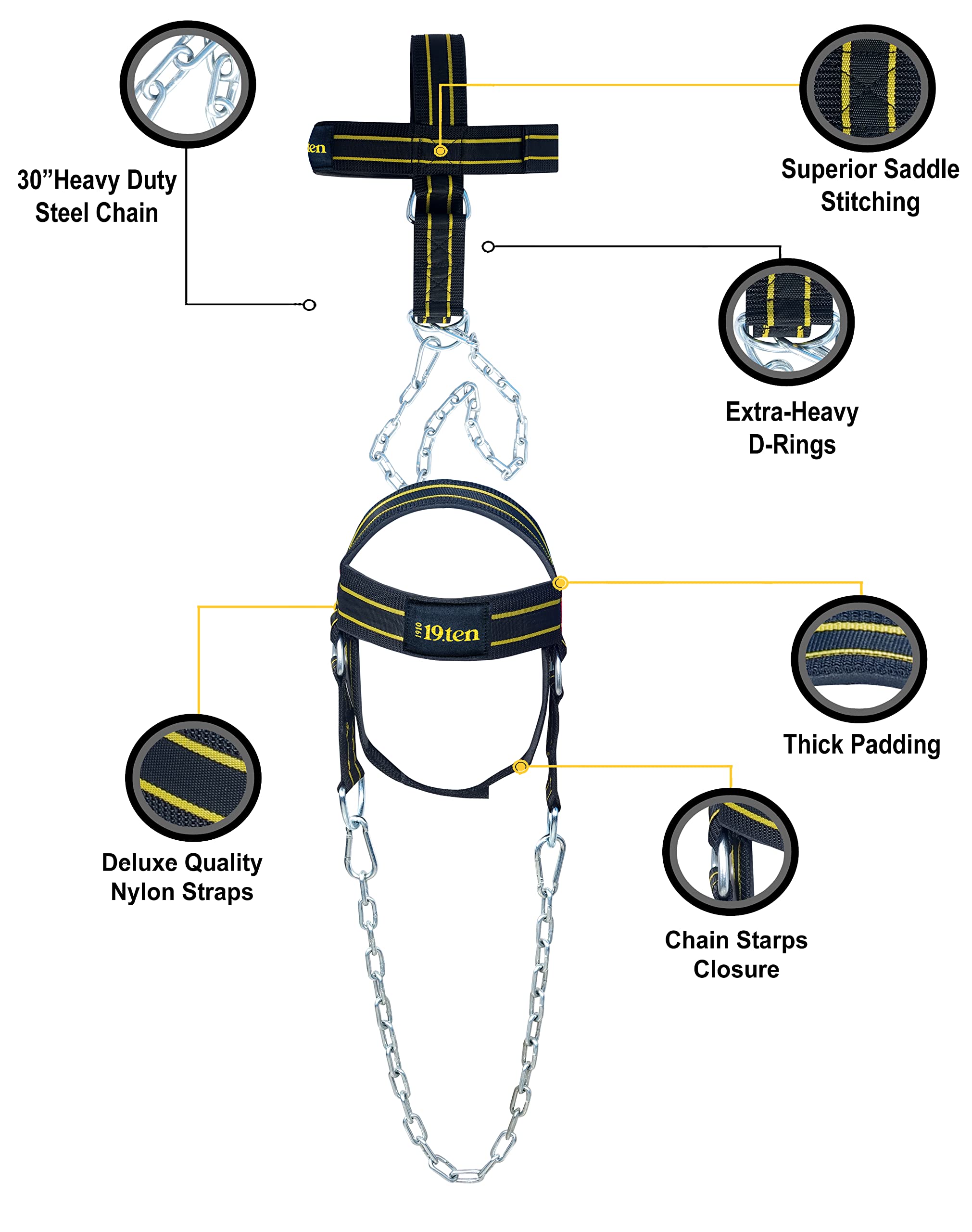 19.ten Neck And Head Strengthening Weight Harness Thick Padded Adjustable Strap With 30 Heavy Duty Steel Chain & Rings For Gym Crossfit Fitness Training Injury Rehab (Harness Yellow Line) 2