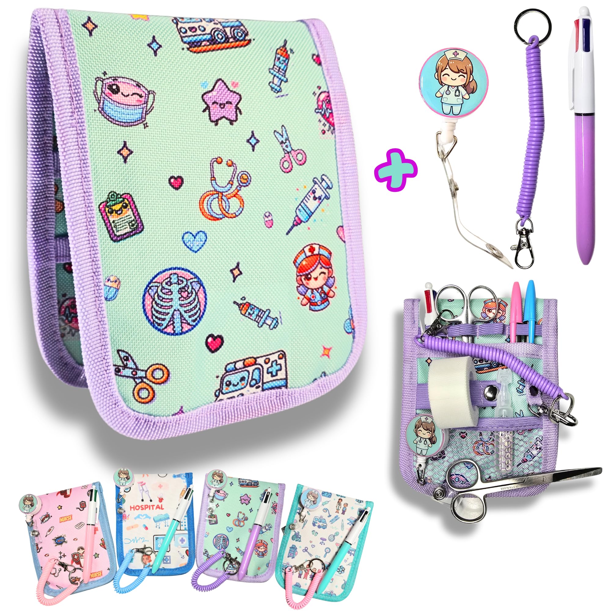 Salvabolsillos Enfermeria +2 Porta Tijeras + Boligrafo 4 Colores Organizador Regalos Enfermeras Verde Morado
