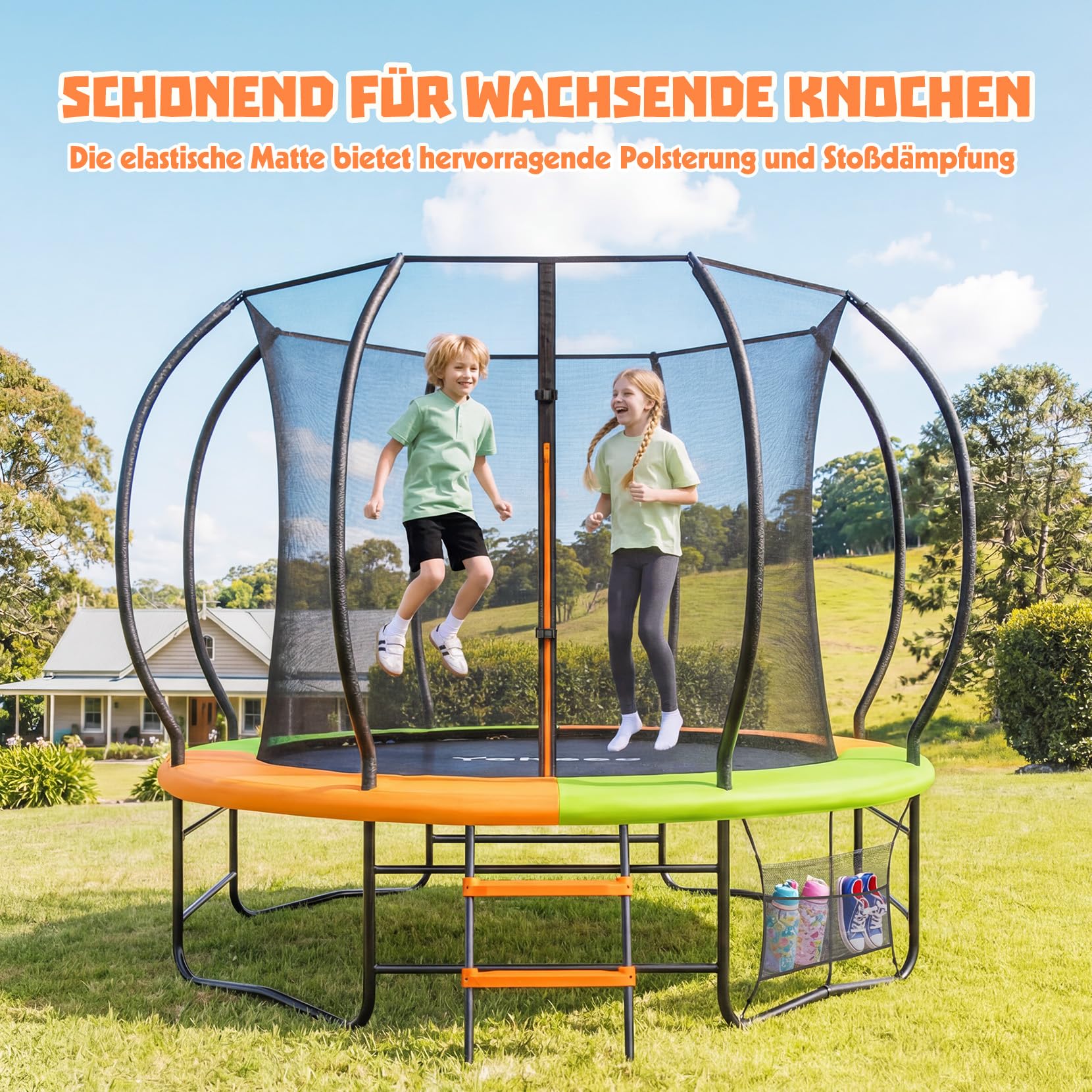 Trampolin Outdoor Ø228/305/366 cm, GS-Zertifikat, Gartentrampolin für Kinder, Stabile Rahmenkonstruktion, Trampolin mit Tasche, Leiter, Randabdeckung & gepolsterten Netzstangen