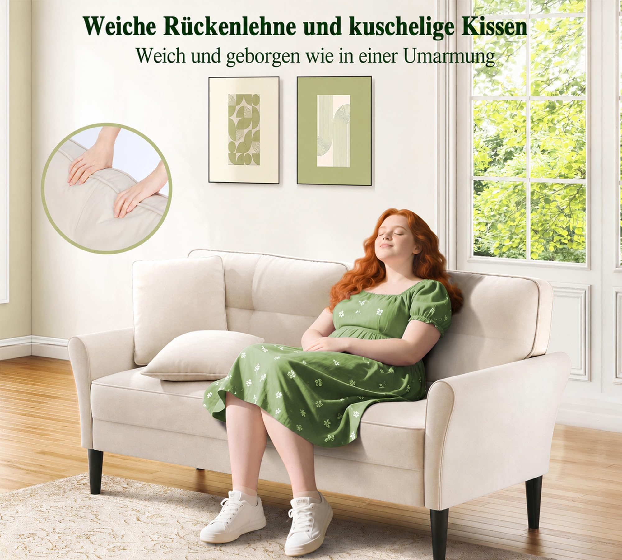 Kidirect Sofa 3 Sitzer, 174cm Großes 2er Sofa Couch, 3 Sitzer Sofa Beige